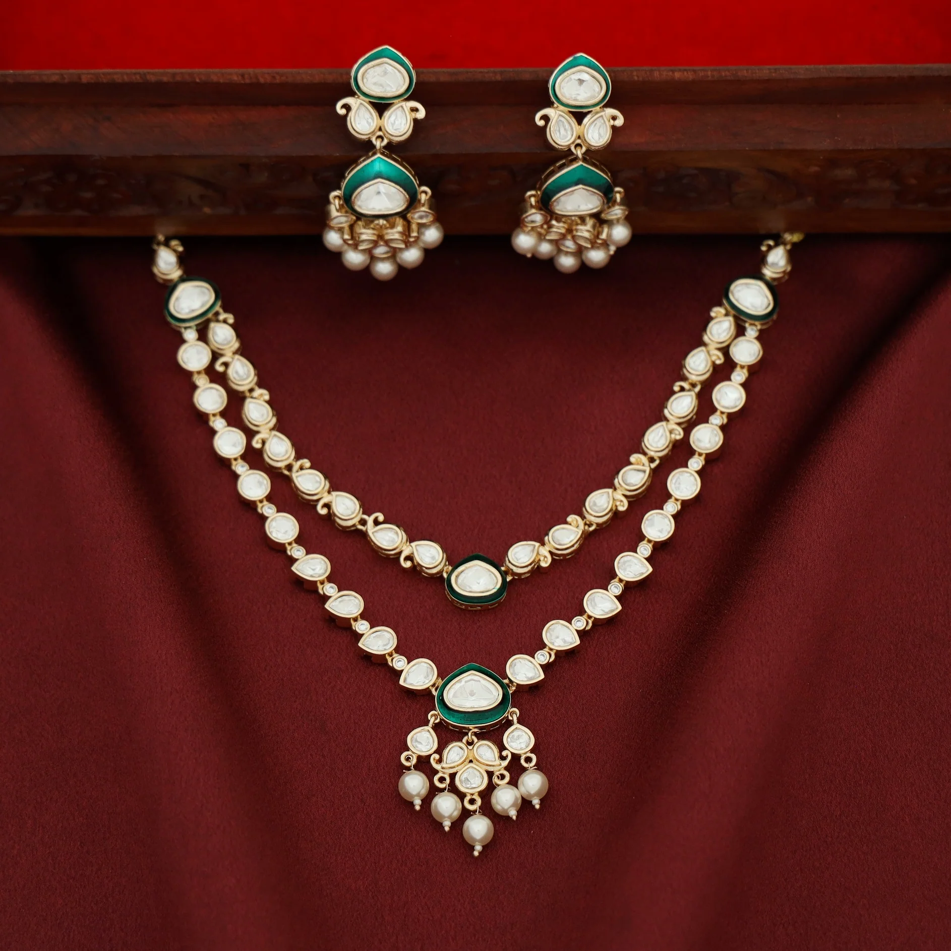 Premium Pooja Kundan 2 Layer Drop Pearl Neckpiece With Earring - Image 4