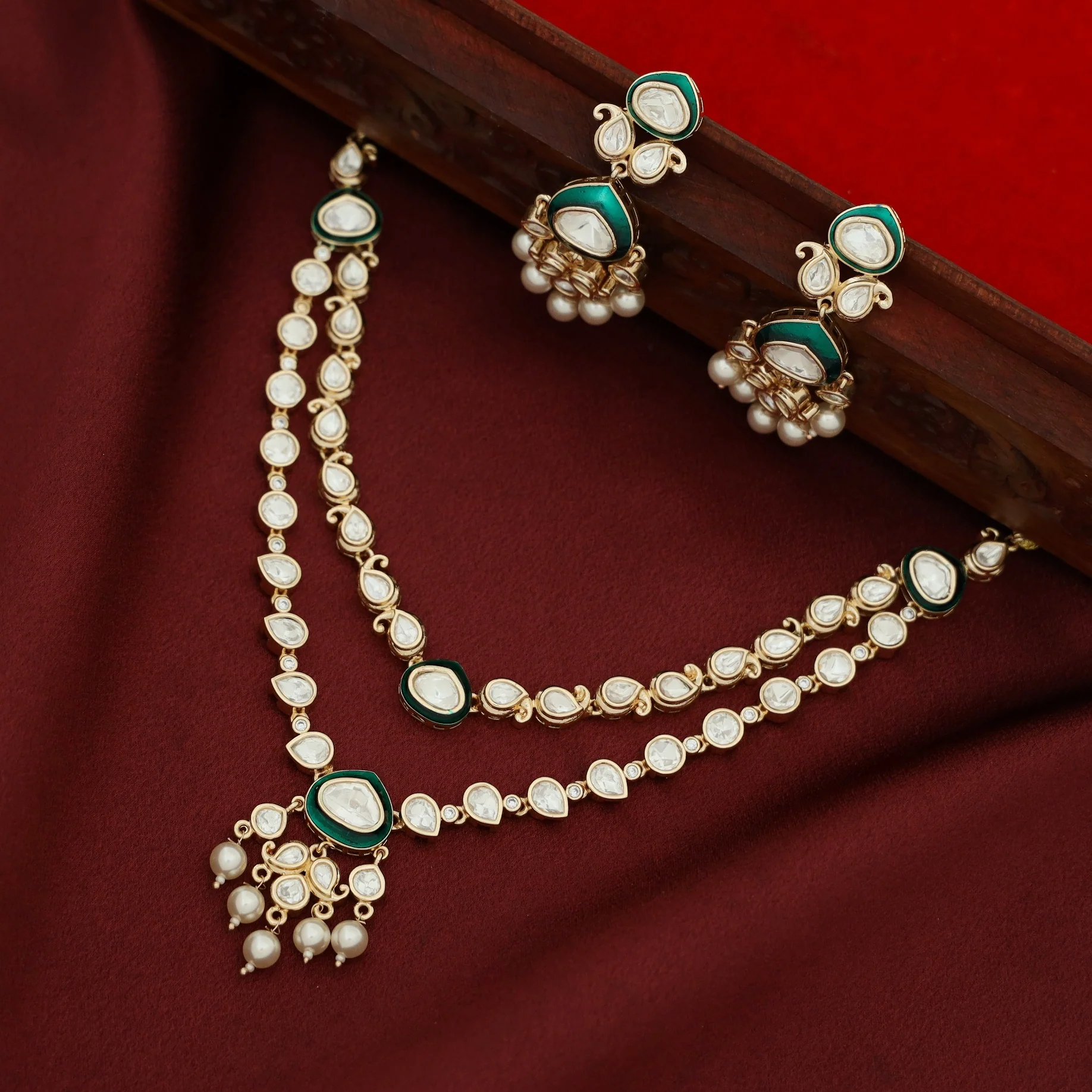 Premium Pooja Kundan 2 Layer Drop Pearl Neckpiece With Earring - Image 5