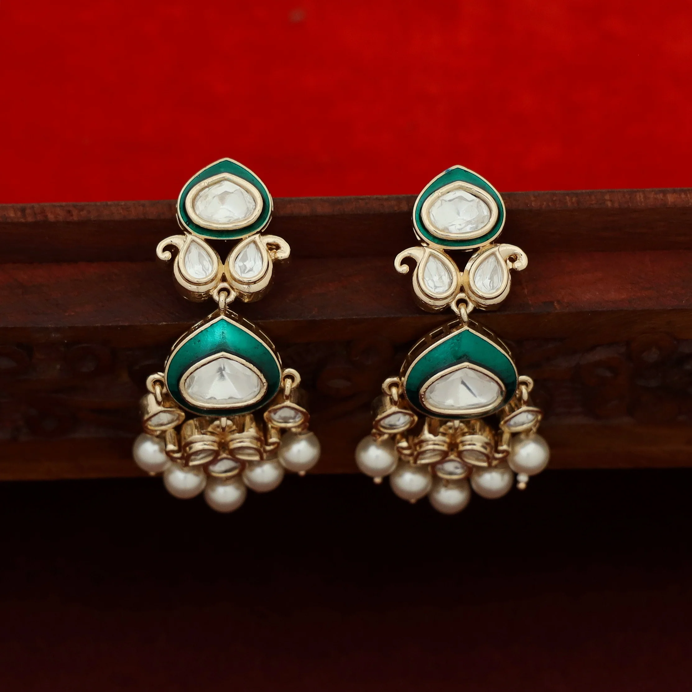 Premium Pooja Kundan 2 Layer Drop Pearl Neckpiece With Earring - Image 6