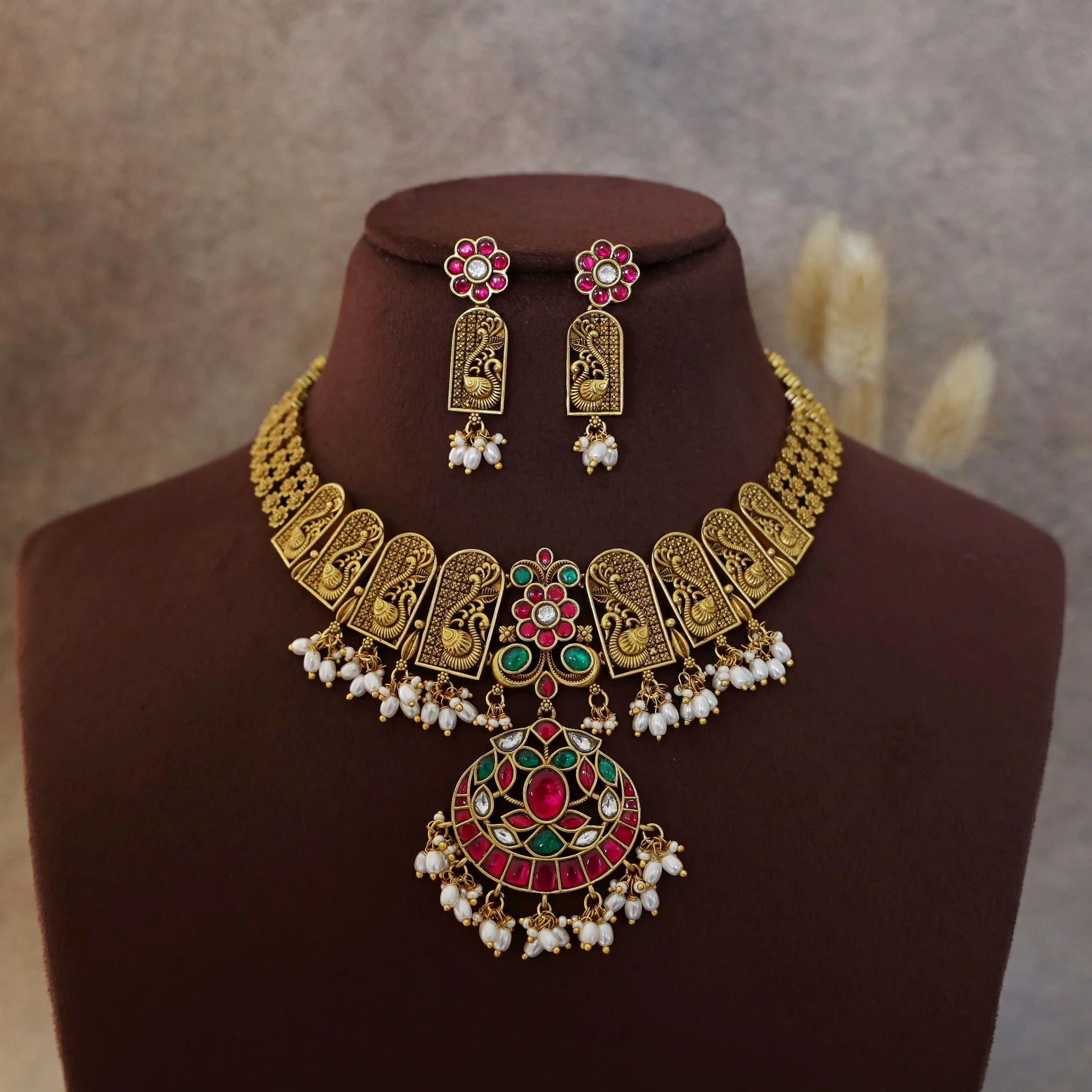Premium Pragya Rice Pearl Golden Jadau Kundan Neckpiece With Earring - Image 2