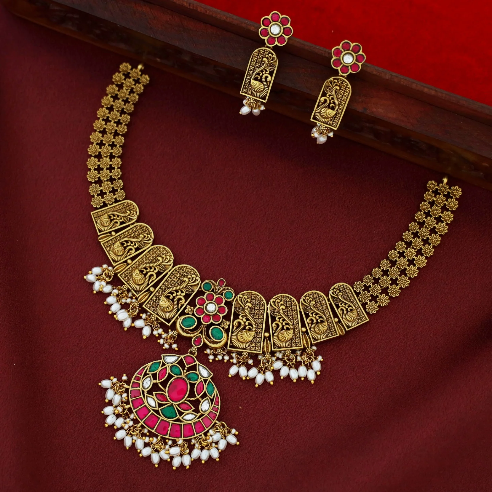 Premium Pragya Rice Pearl Golden Jadau Kundan Neckpiece With Earring - Image 3