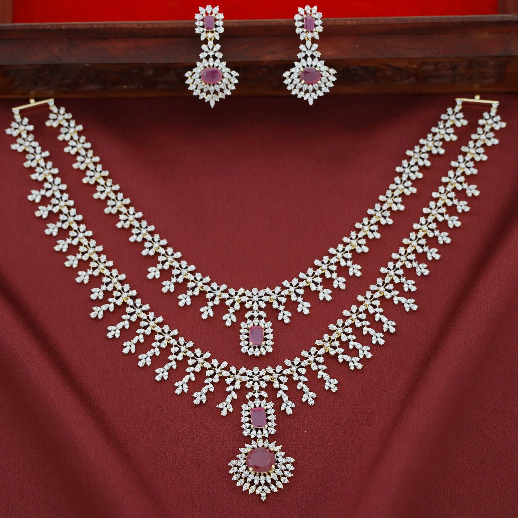 Premium Pranitha 2 Layer Bridal AD Stone Neckpiece With Earring - Image 2