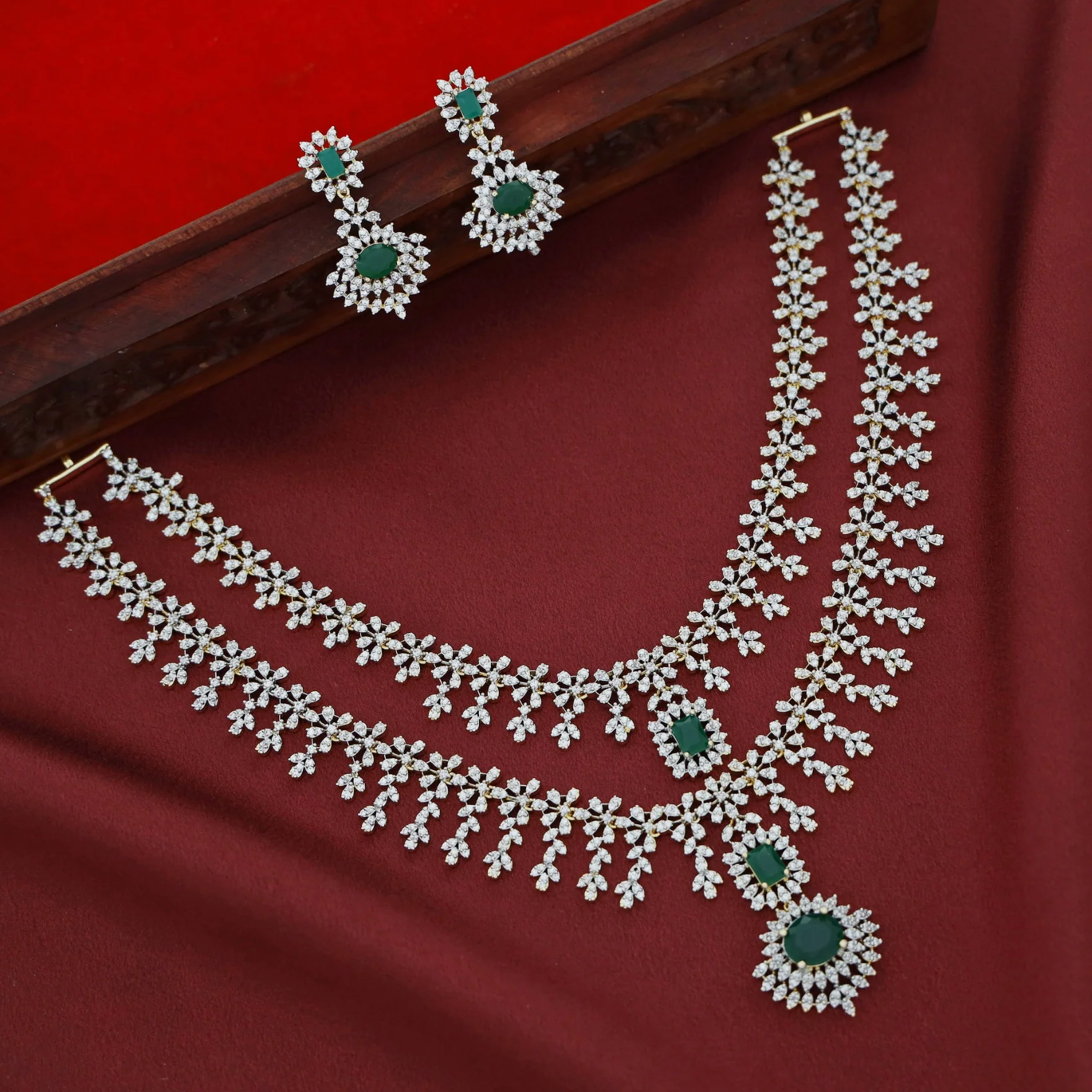 Premium Pranitha 2 Layer Bridal AD Stone Neckpiece With Earring - Image 3