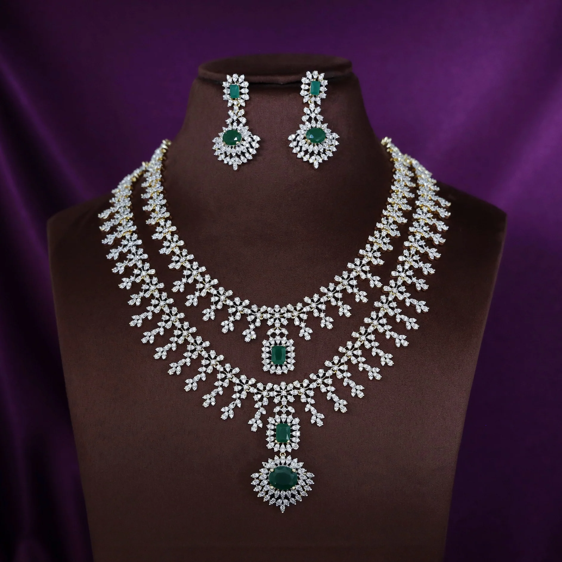 Premium Pranitha 2 Layer Bridal AD Stone Neckpiece With Earring - Image 4