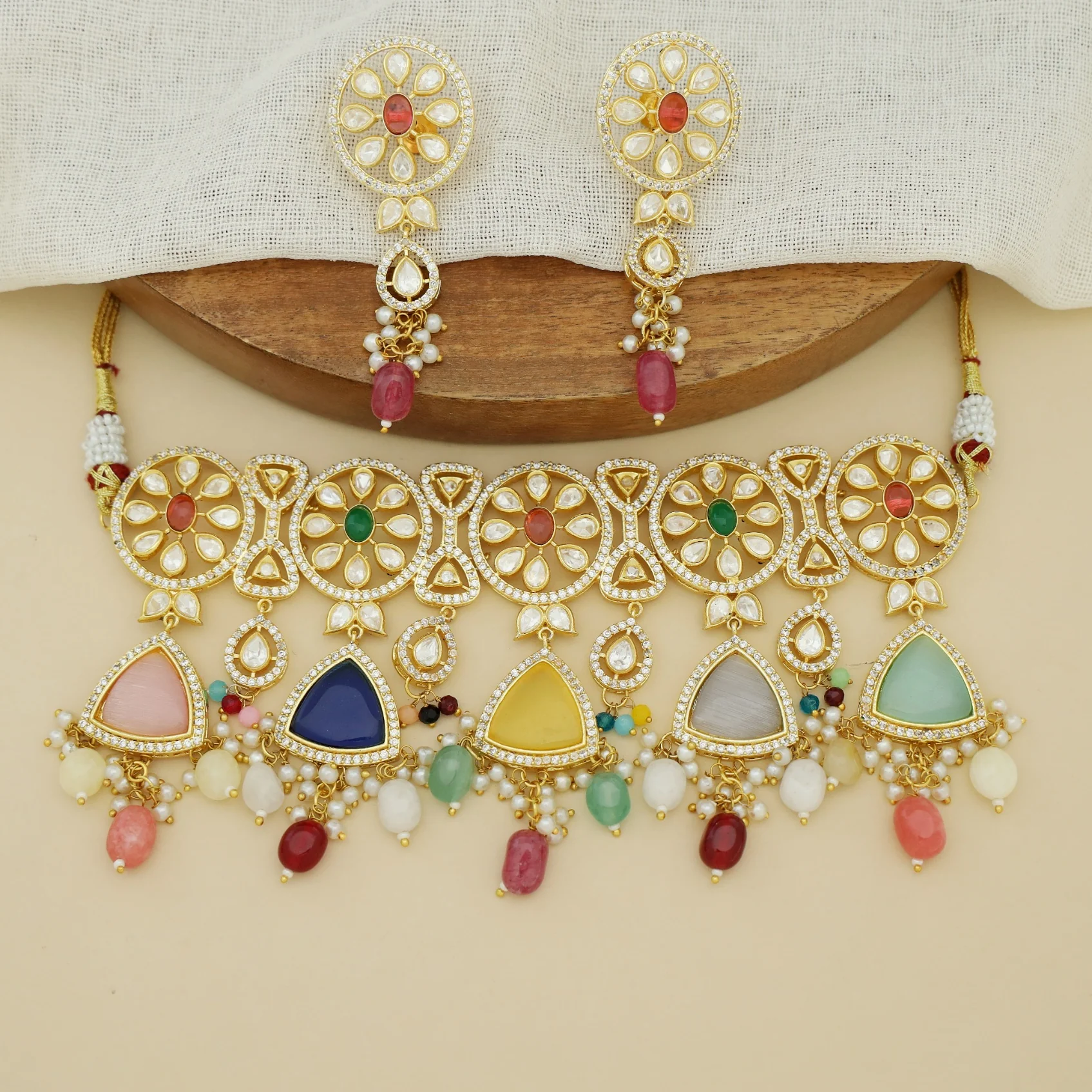 Premium Rithya AD Stone Pearl Beaded Kundan Choker With Earring - Image 2