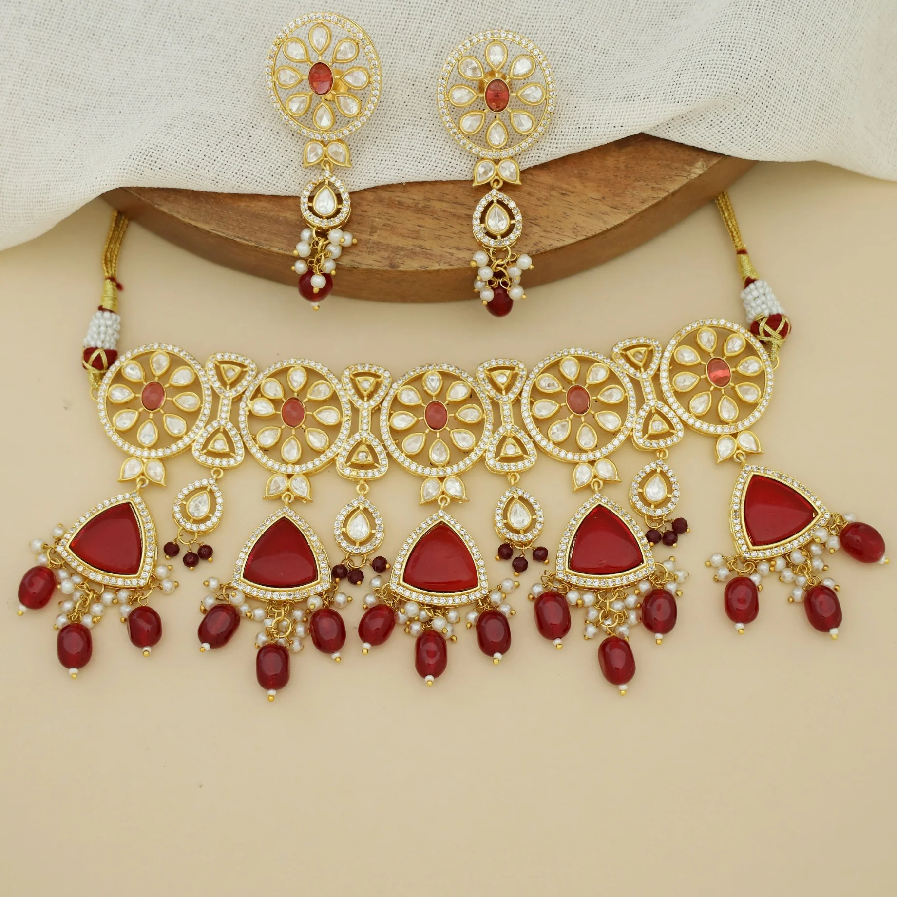 Premium Rithya AD Stone Pearl Beaded Kundan Choker With Earring - Image 3