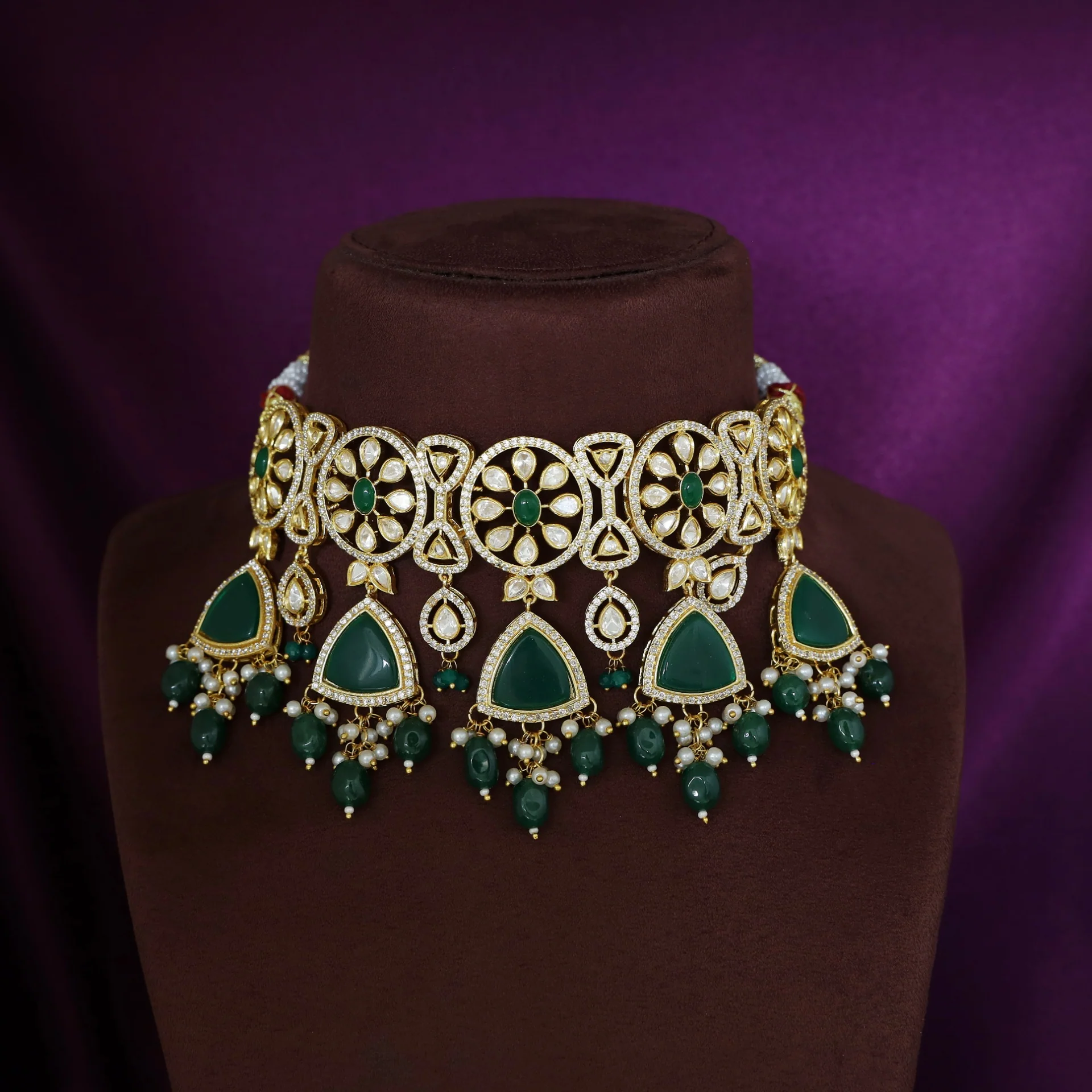 Premium Rithya AD Stone Pearl Beaded Kundan Choker With Earring - Image 4