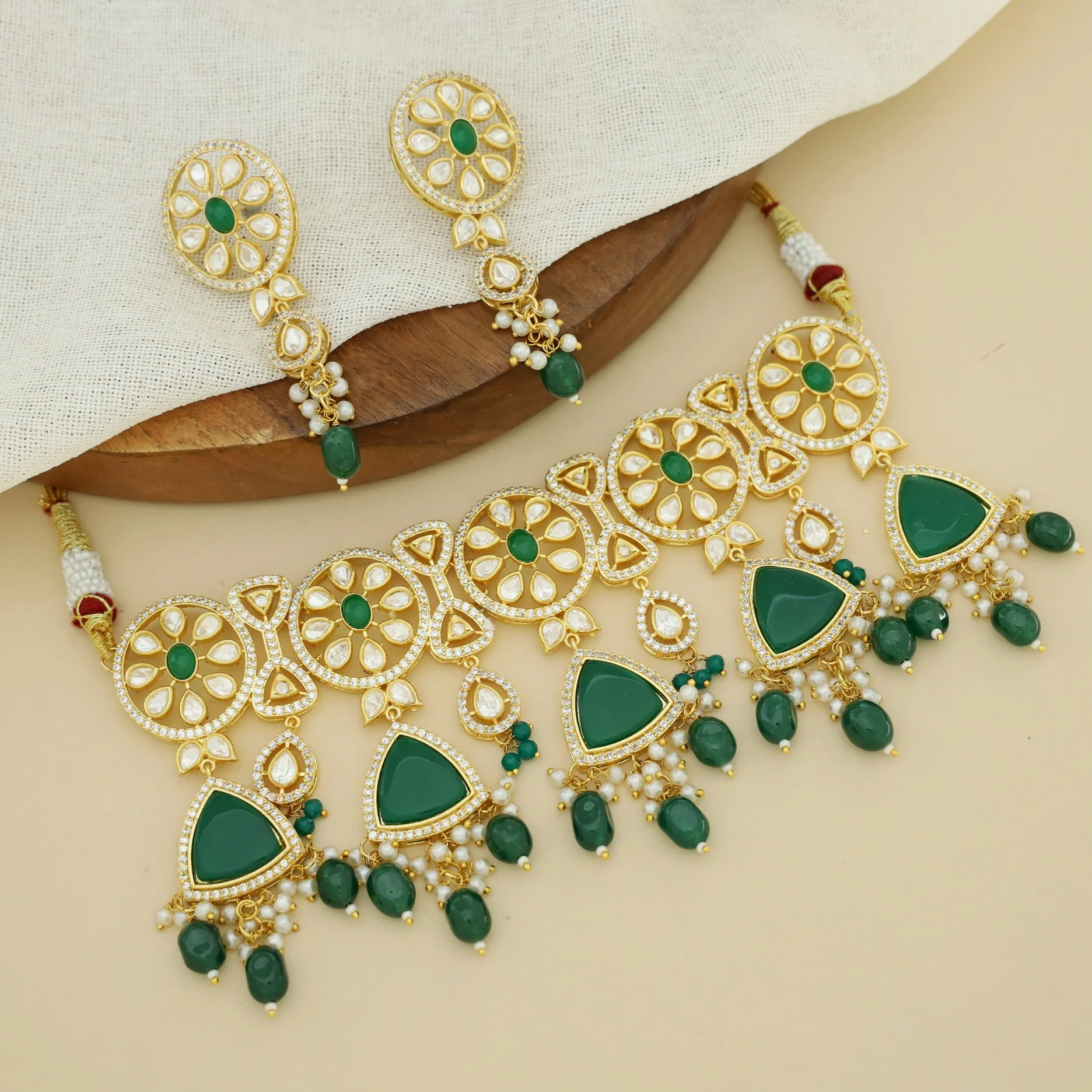 Premium Rithya AD Stone Pearl Beaded Kundan Choker With Earring - Image 5