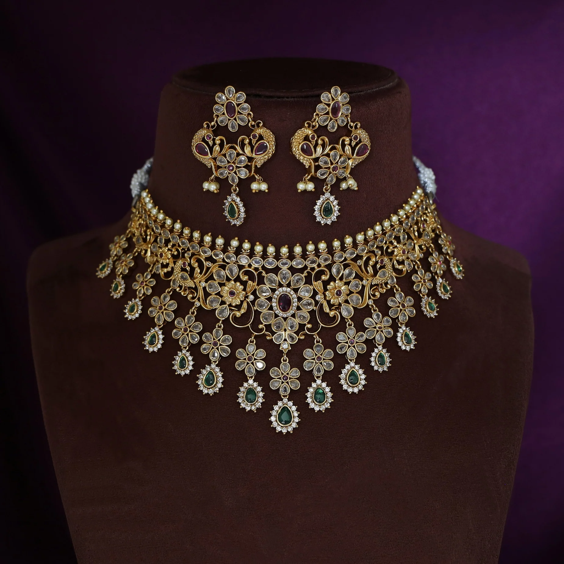 Premium Rugveda Floral Mayura Stiff Choker With Earring - Image 2