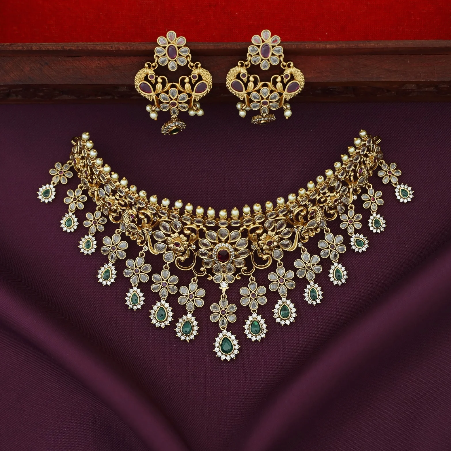 Premium Rugveda Floral Mayura Stiff Choker With Earring - Image 3