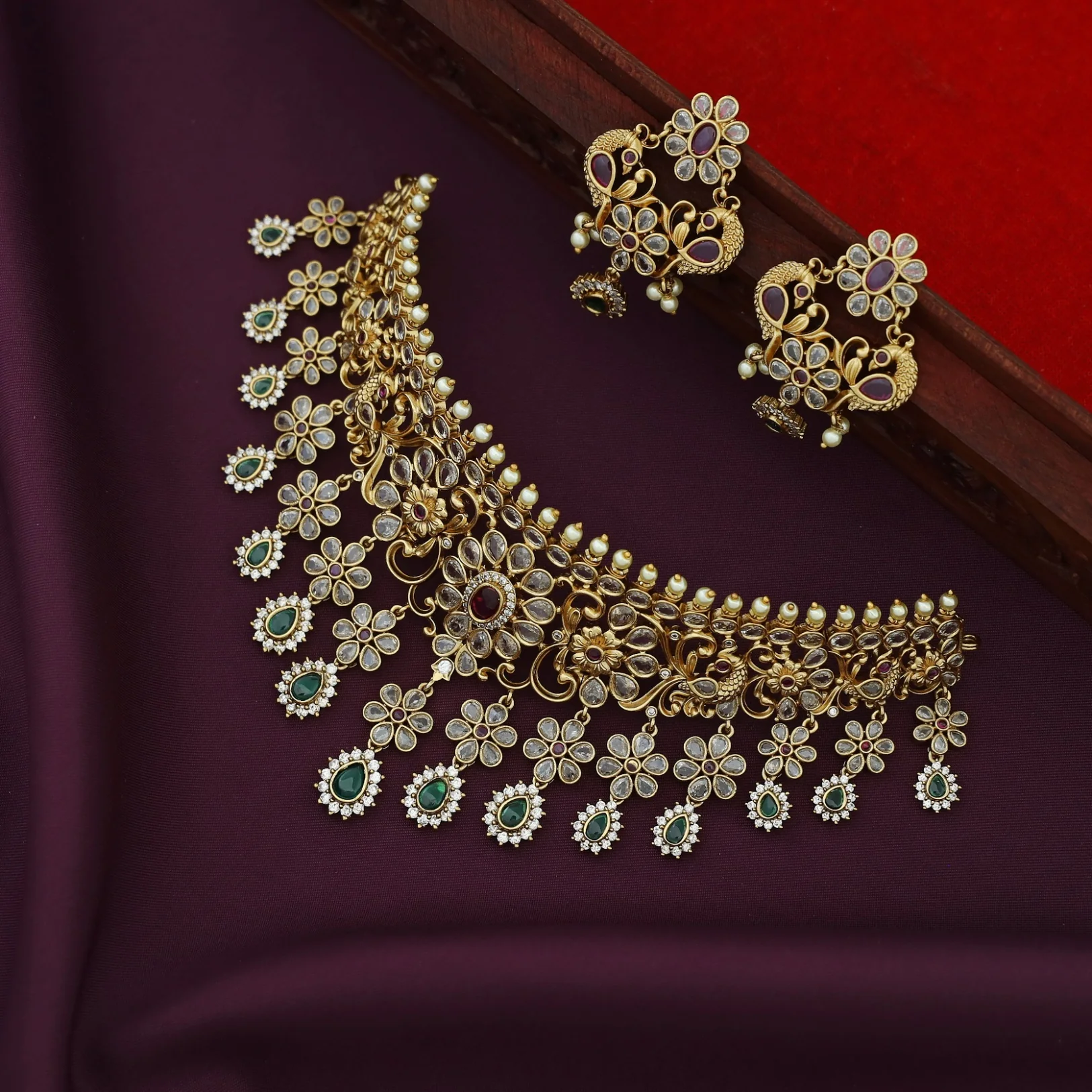 Premium Rugveda Floral Mayura Stiff Choker With Earring - Image 4