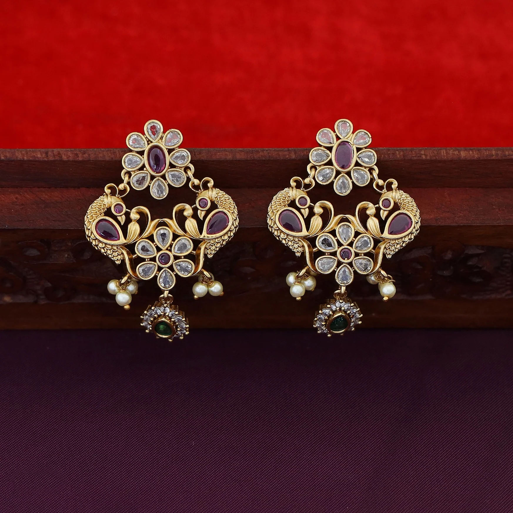 Premium Rugveda Floral Mayura Stiff Choker With Earring - Image 5