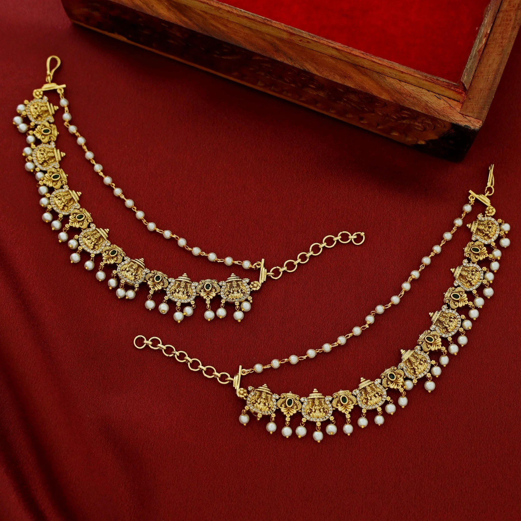 Premium Umadevi 2 Layer Pearl Ear Chain - Image 2
