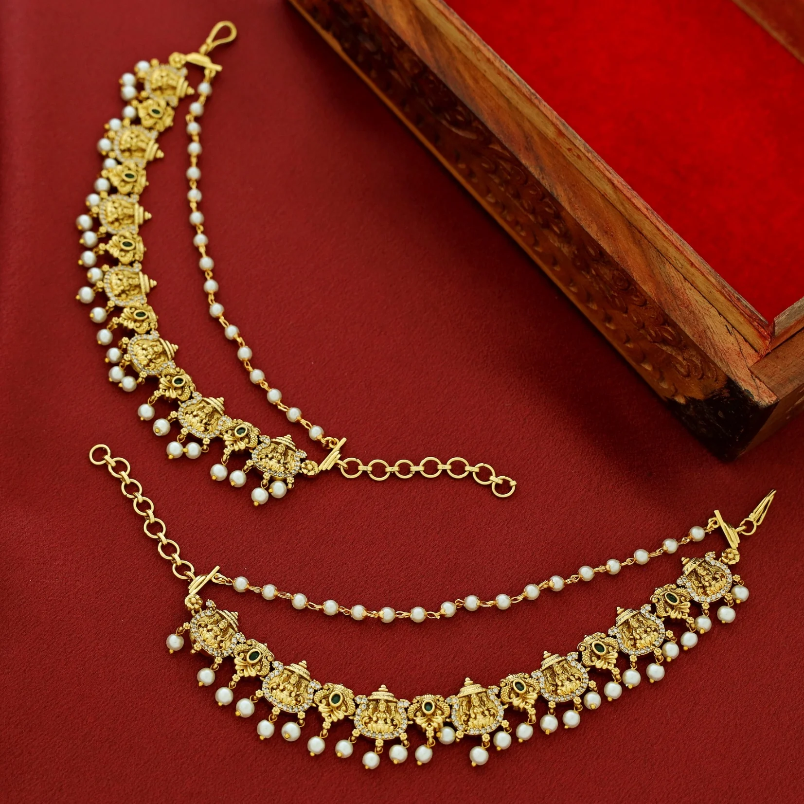 Premium Umadevi 2 Layer Pearl Ear Chain - Image 4