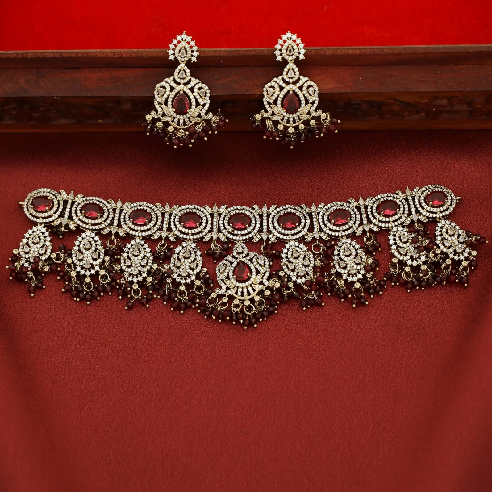 Premium Vanalika AD Stone Beaded Choker With Earring - Image 2