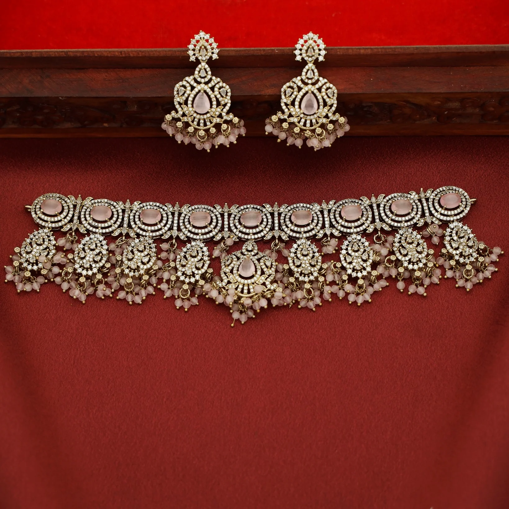 Premium Vanalika AD Stone Beaded Choker With Earring - Image 4