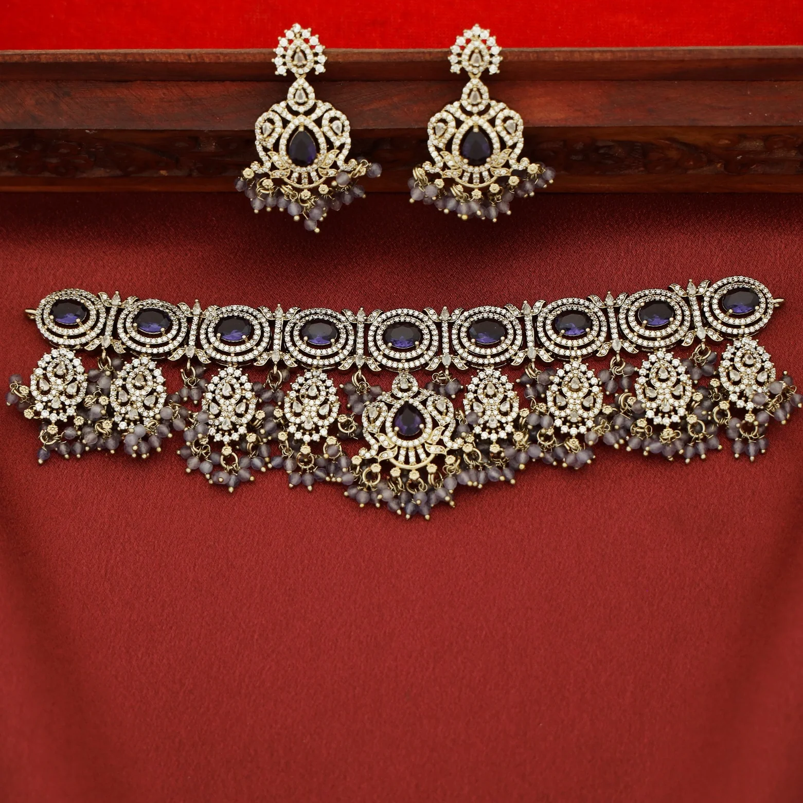 Premium Vanalika AD Stone Beaded Choker With Earring - Image 7