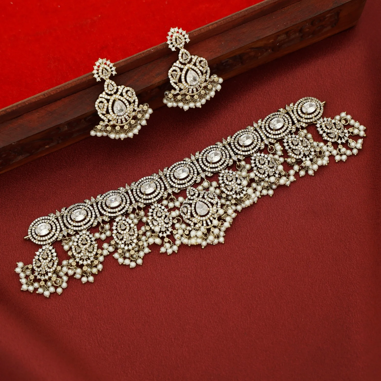 Premium Vanalika AD Stone Beaded Choker With Earring - Image 9