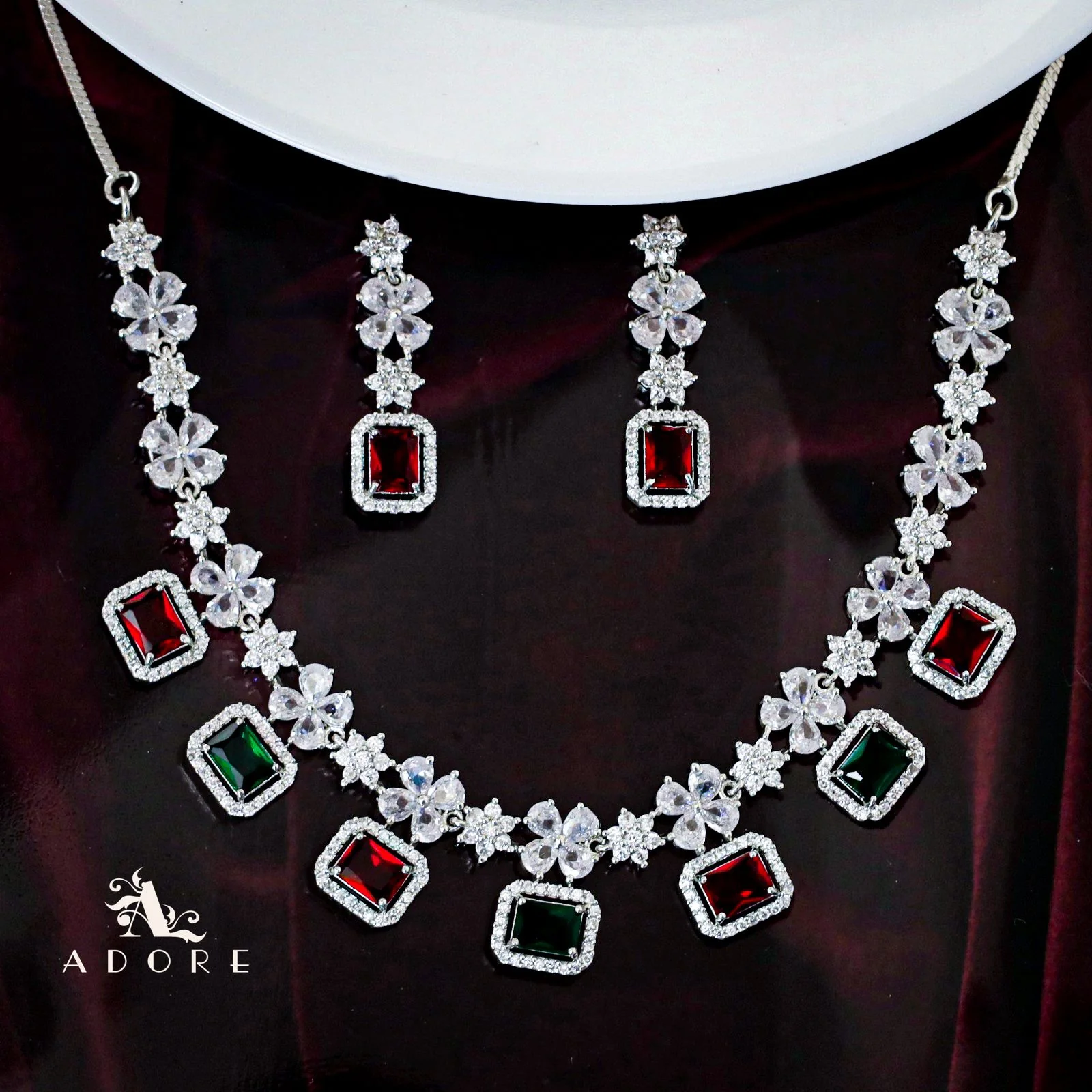 Queenly Silver Stone Short Neckpiece With Earring - Image 3