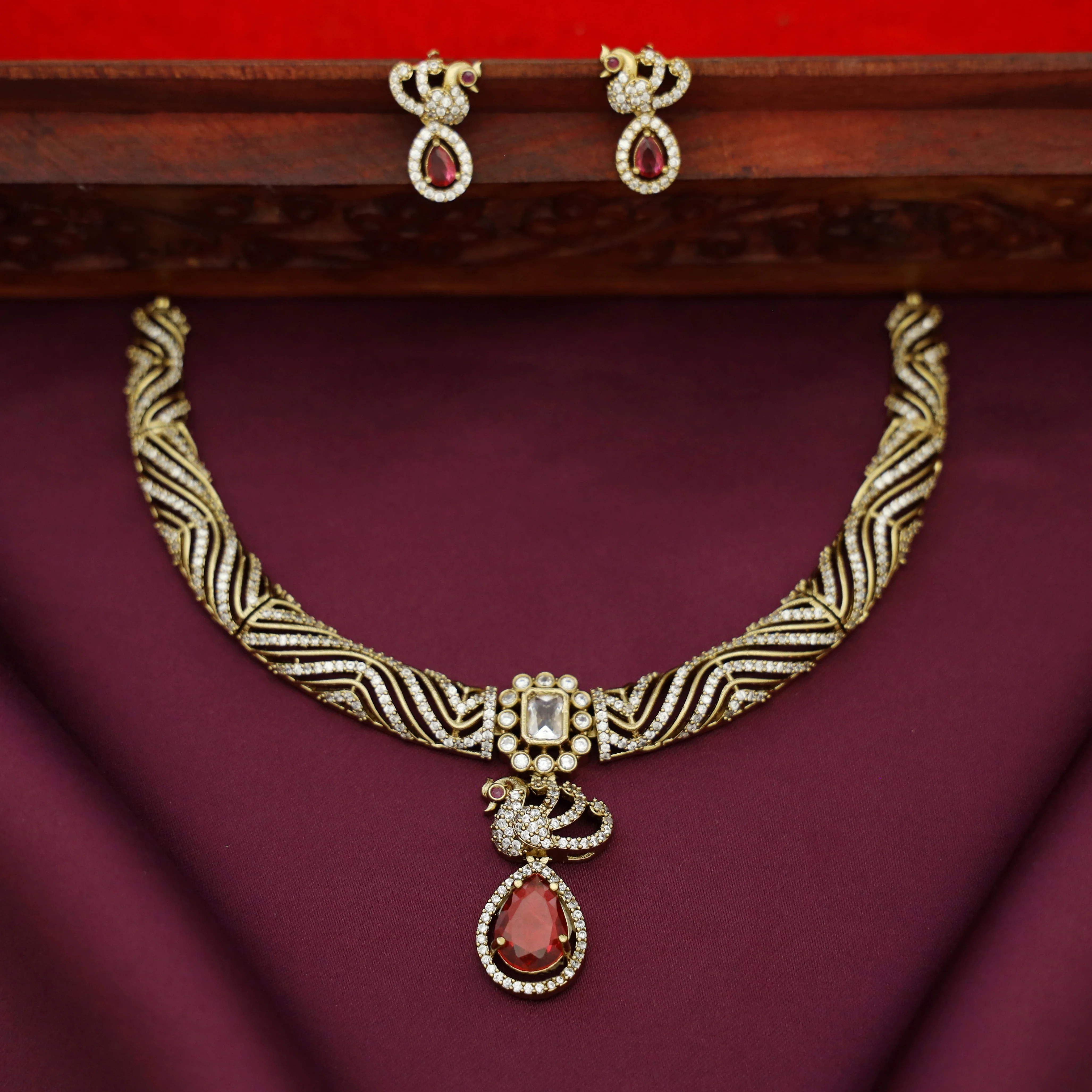 Rajani Mayura AD Stone Stiff Wing Neckpiece With Earring - Image 2