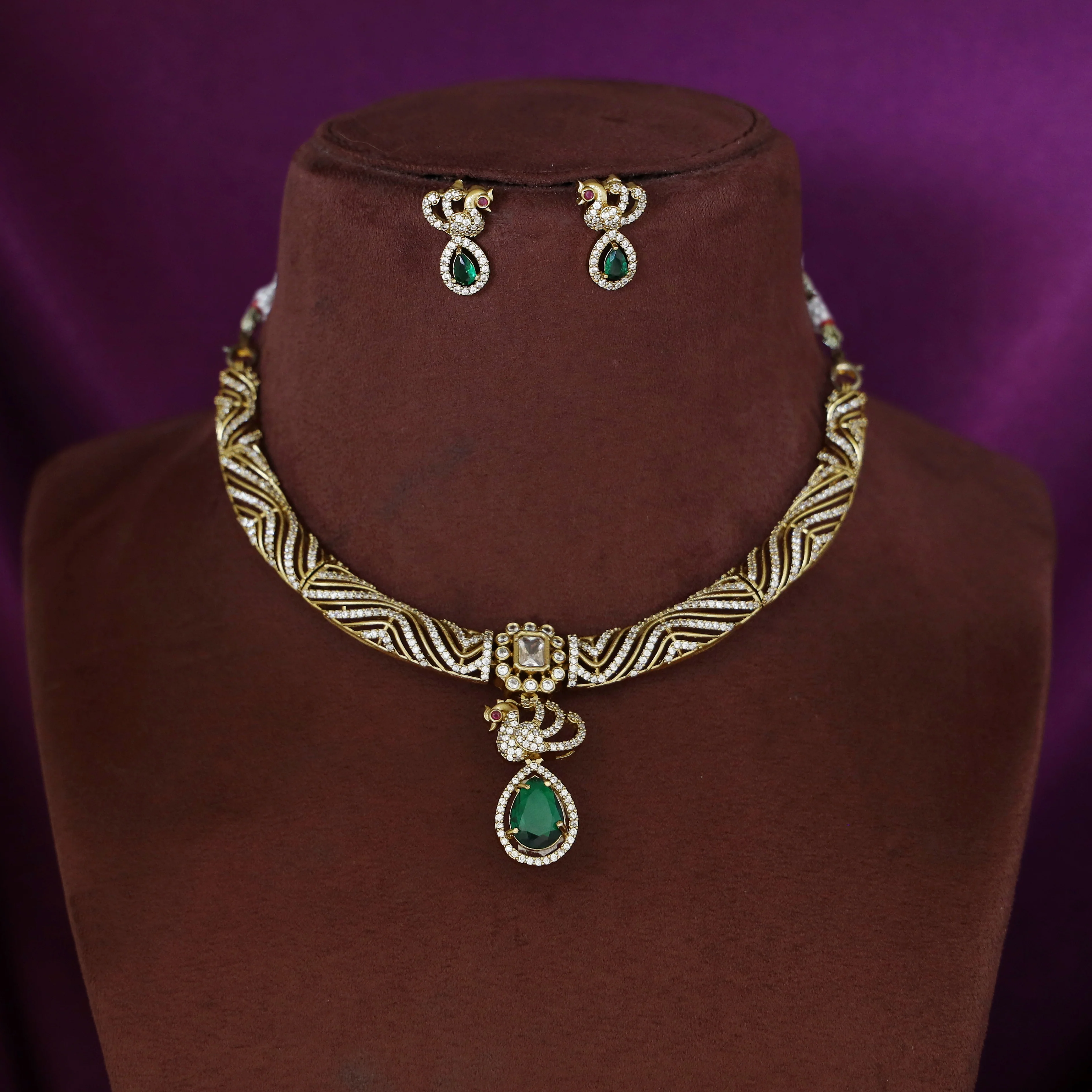 Rajani Mayura AD Stone Stiff Wing Neckpiece With Earring - Image 3