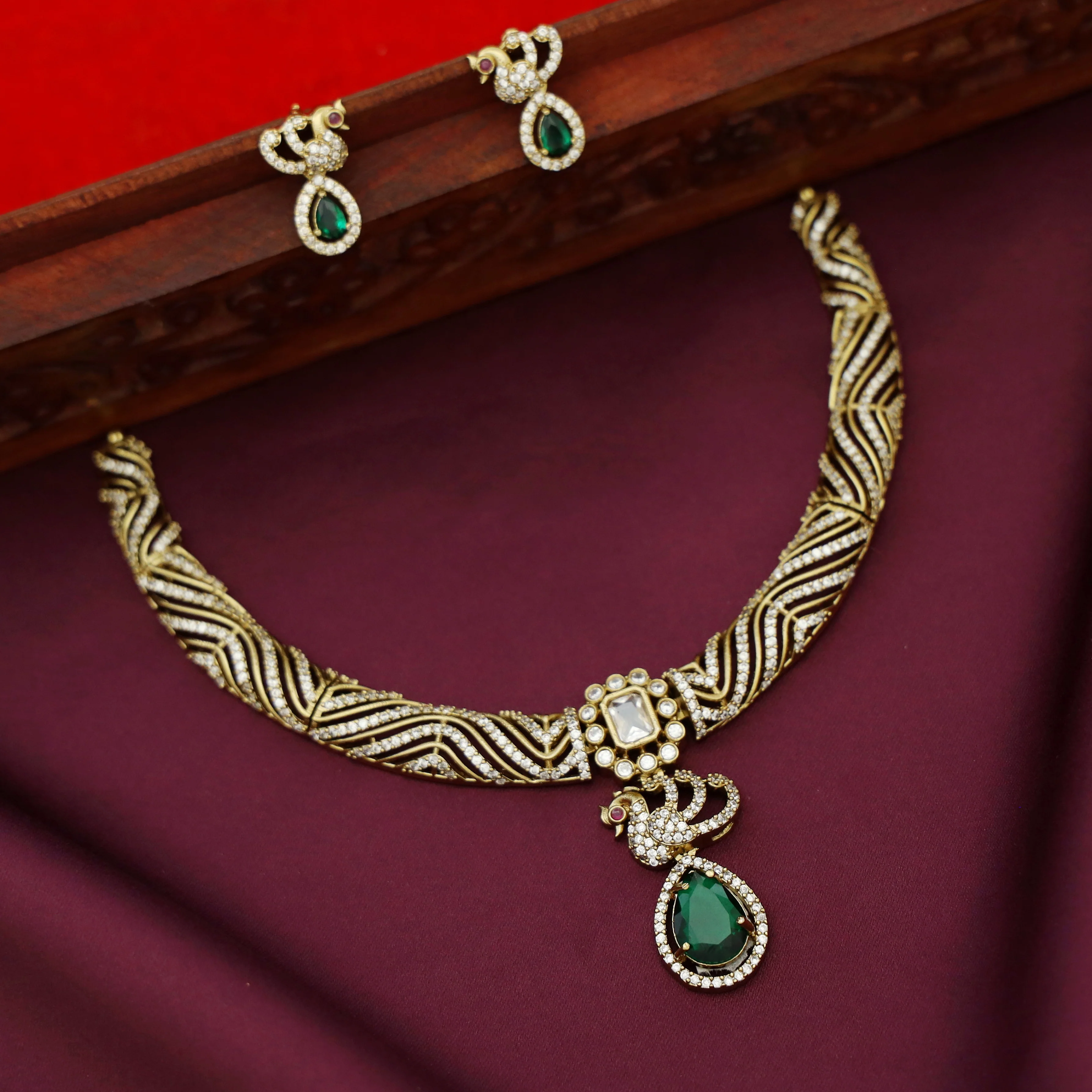 Rajani Mayura AD Stone Stiff Wing Neckpiece With Earring - Image 4