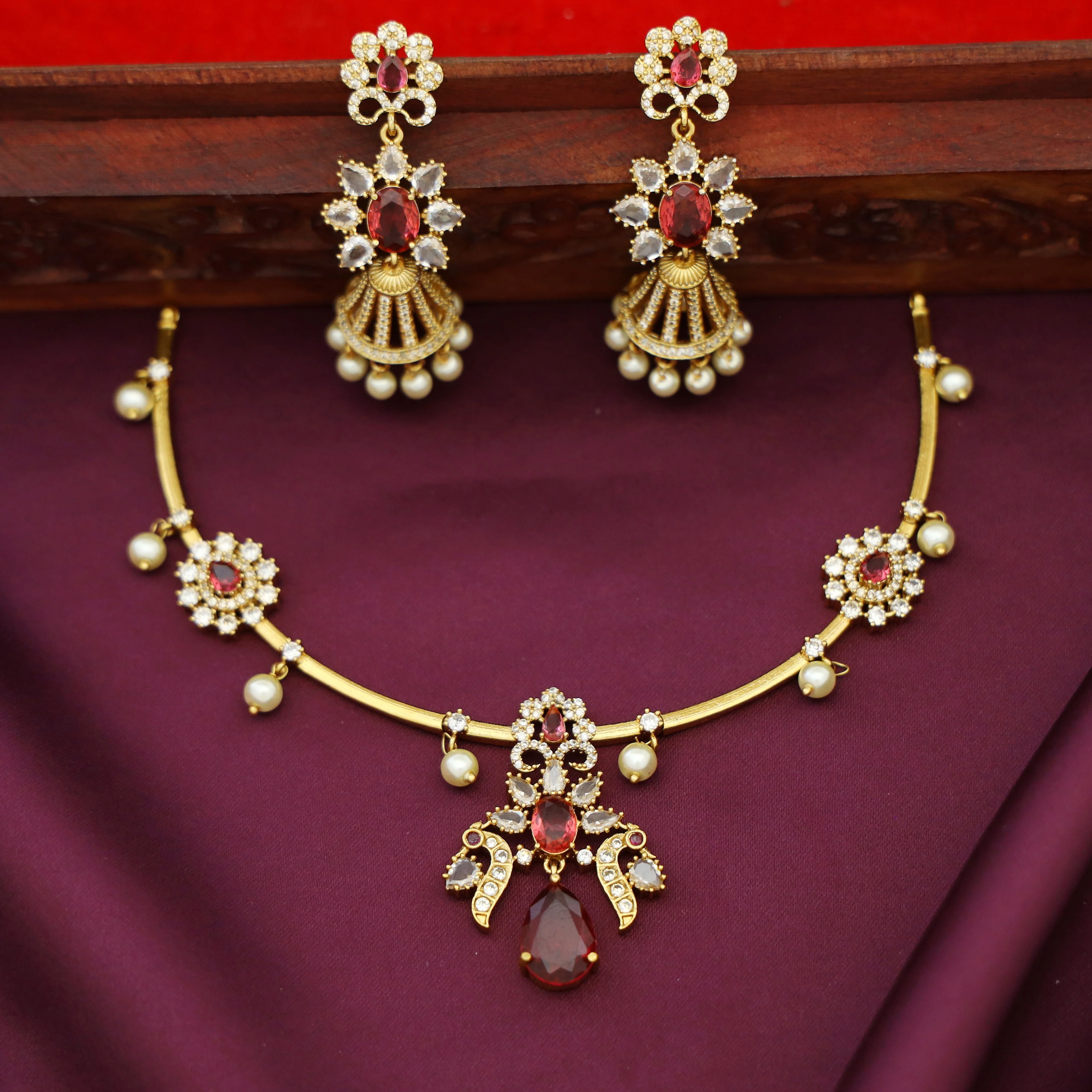 Rajvi AD Stone Pearl Stiff Neckpiece With Earring - Image 2