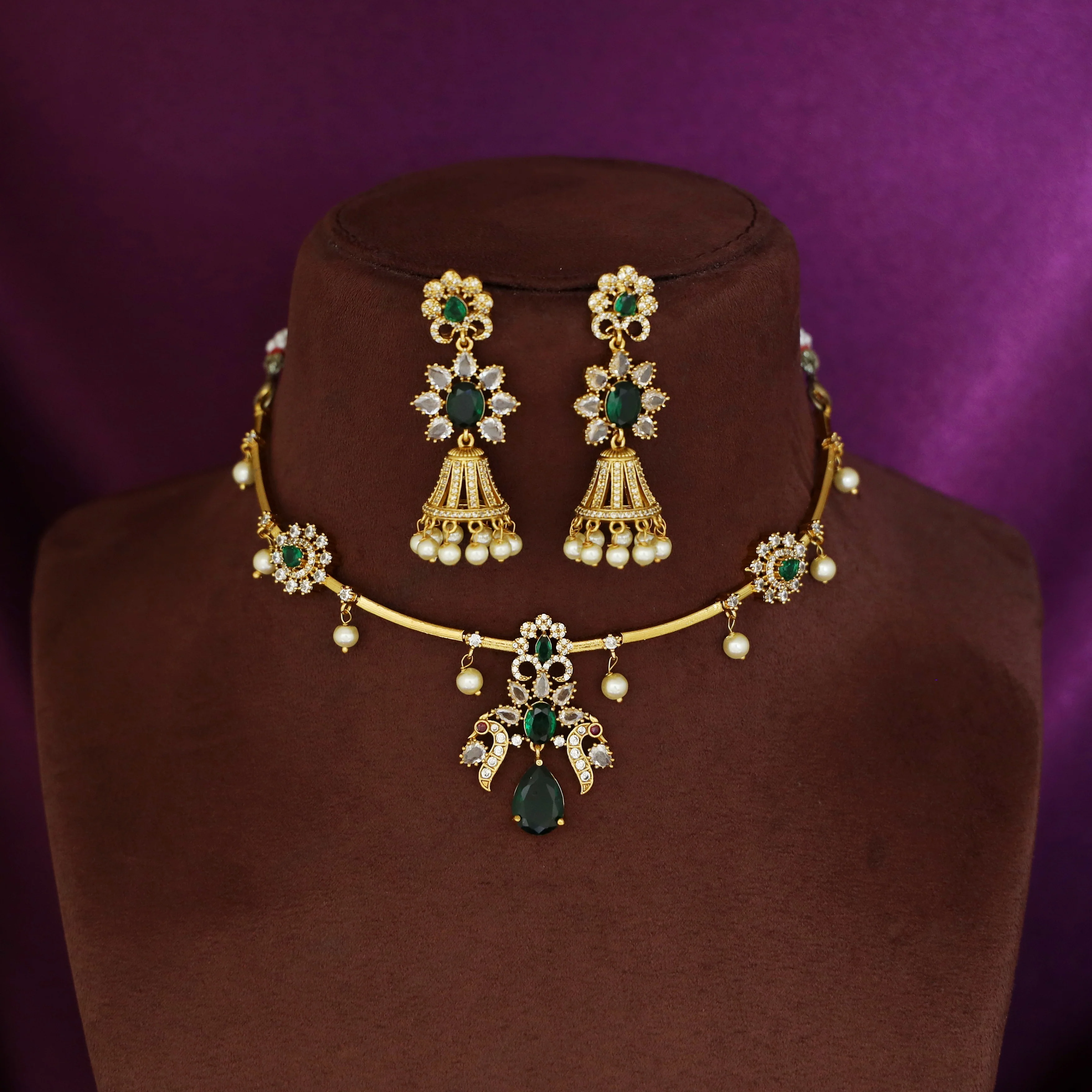 Rajvi AD Stone Pearl Stiff Neckpiece With Earring - Image 3