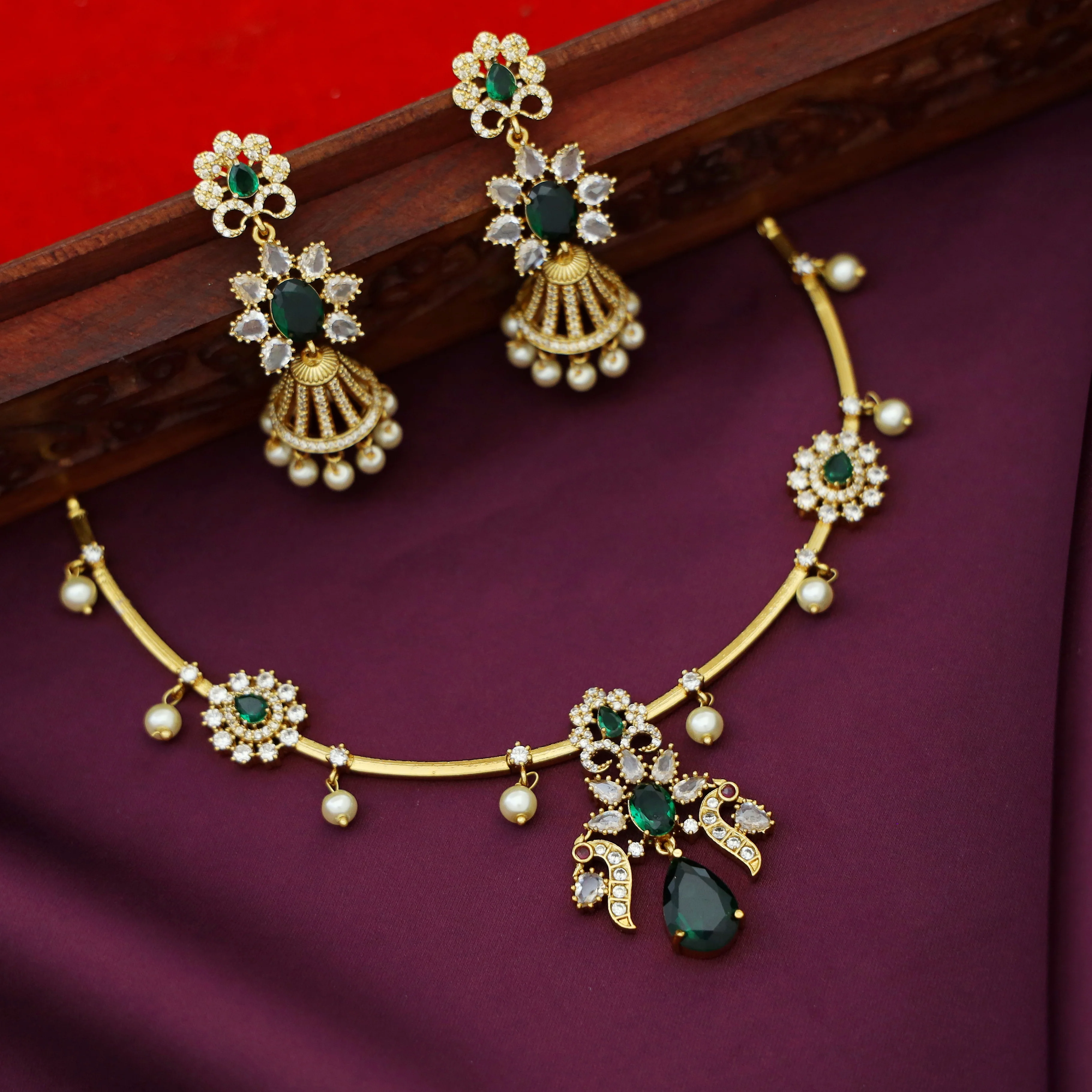 Rajvi AD Stone Pearl Stiff Neckpiece With Earring - Image 4