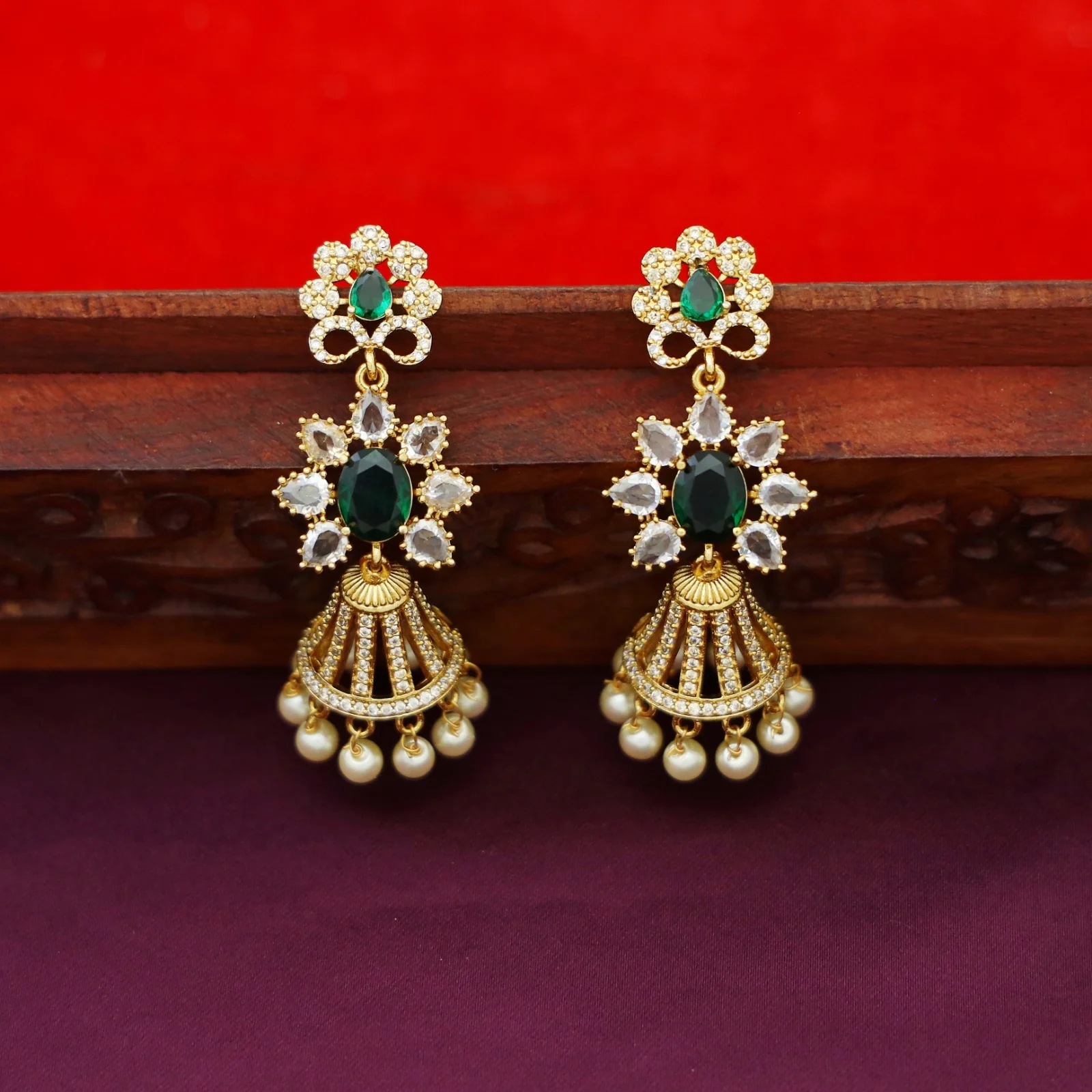 Rajvi AD Stone Pearl Stiff Neckpiece With Earring - Image 5