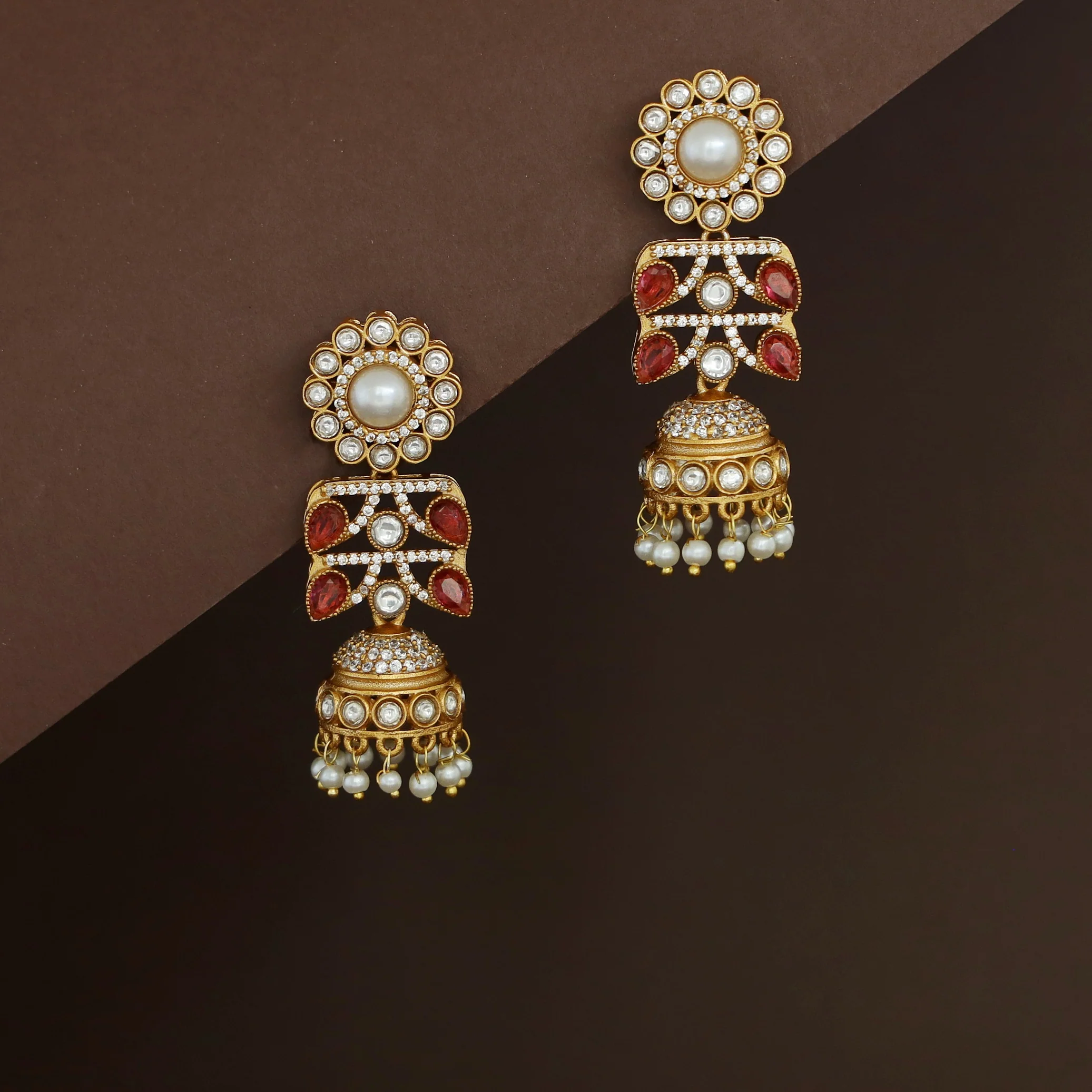 Rakhi Floral Pearl Kundan Jhumka - Image 2