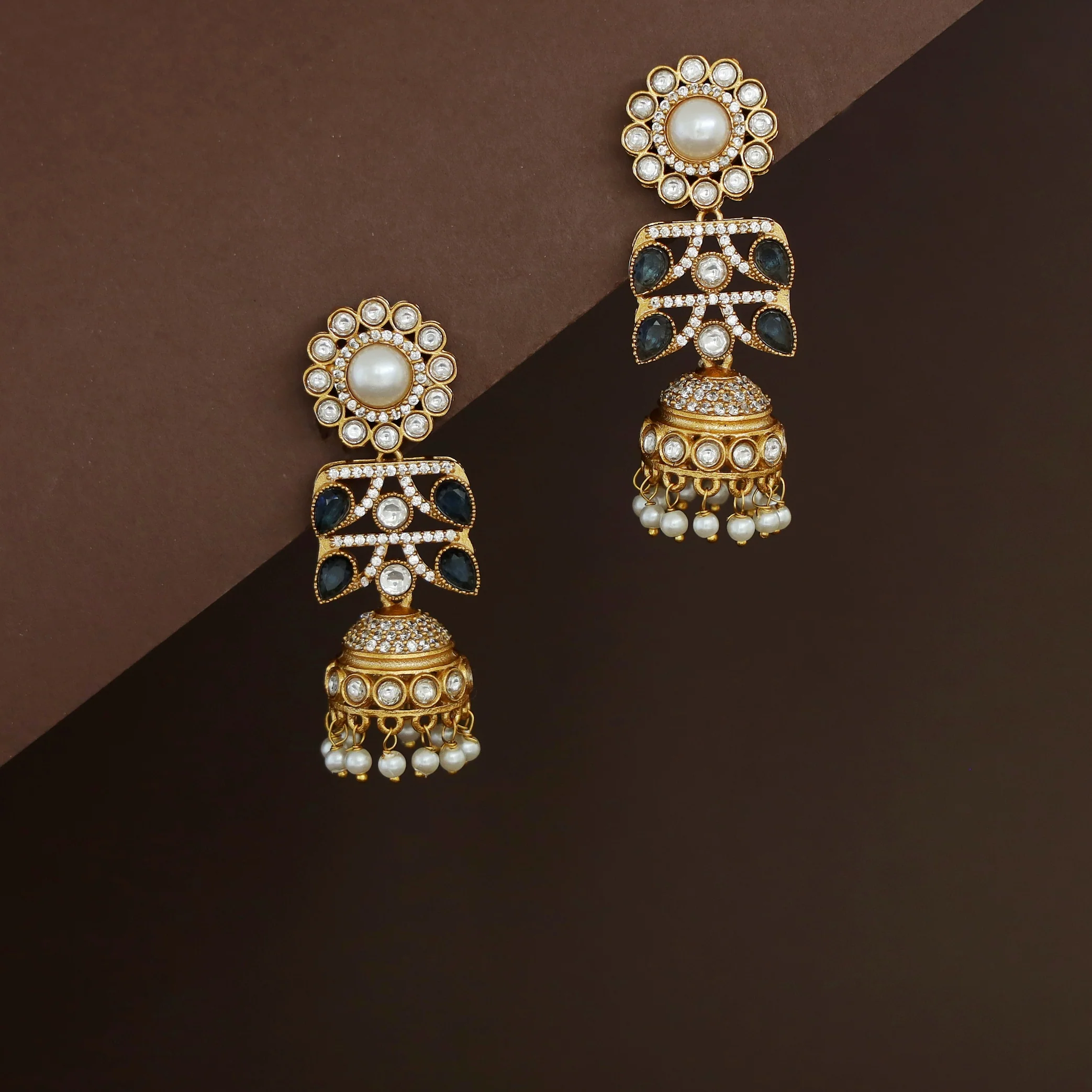 Rakhi Floral Pearl Kundan Jhumka - Image 3