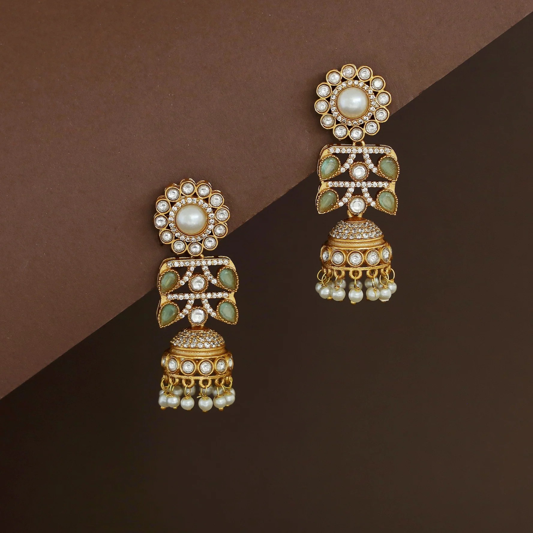 Rakhi Floral Pearl Kundan Jhumka - Image 4