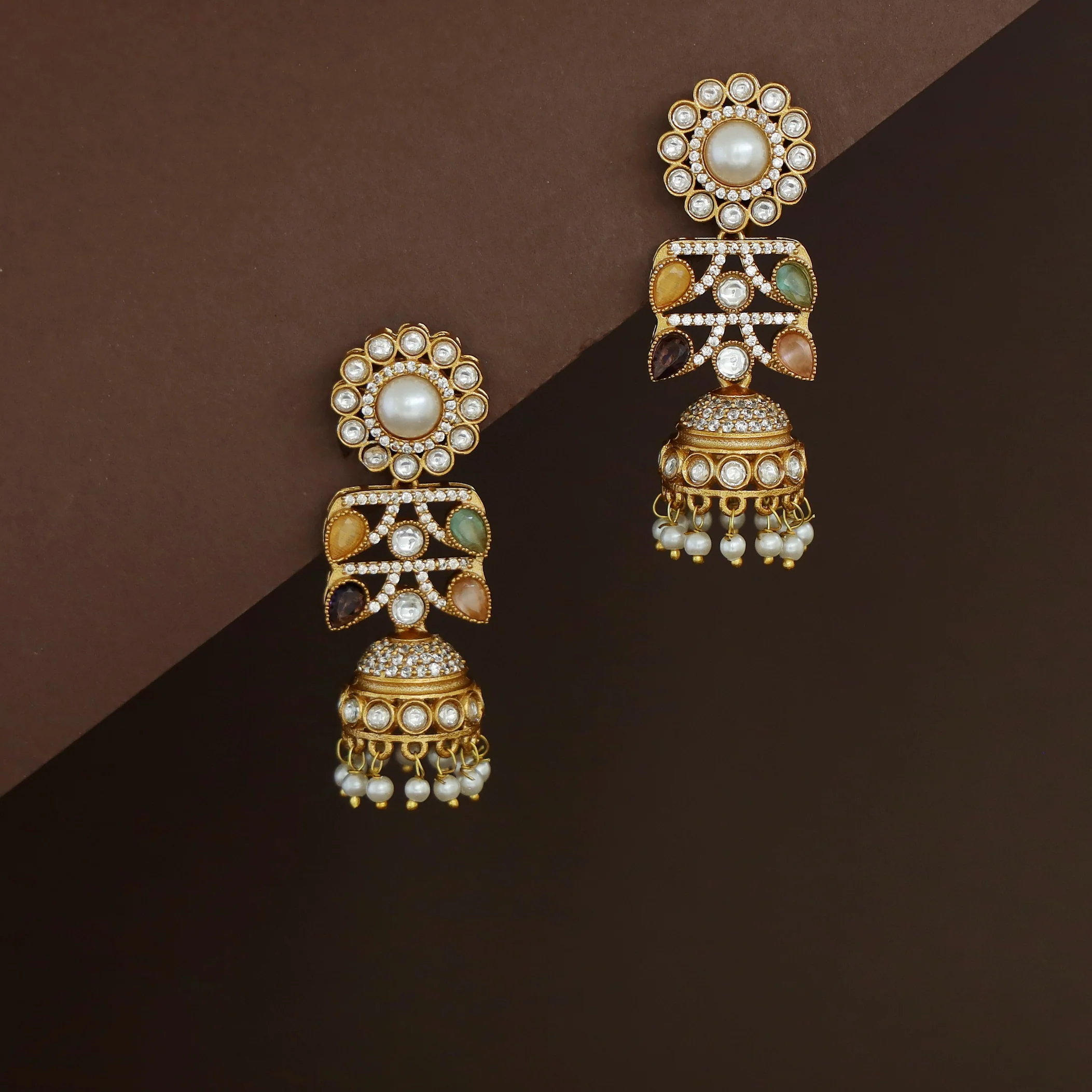 Rakhi Floral Pearl Kundan Jhumka - Image 5