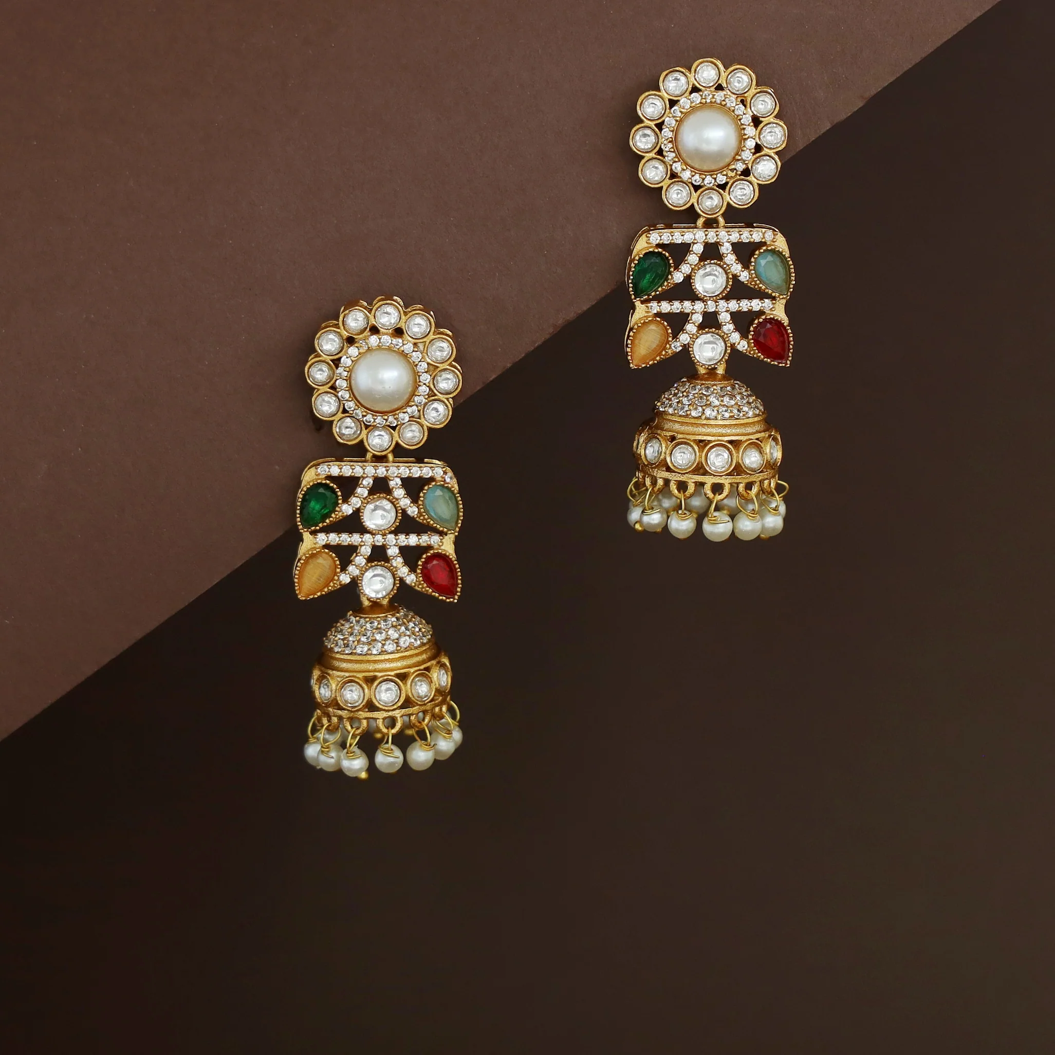 Rakhi Floral Pearl Kundan Jhumka - Image 7