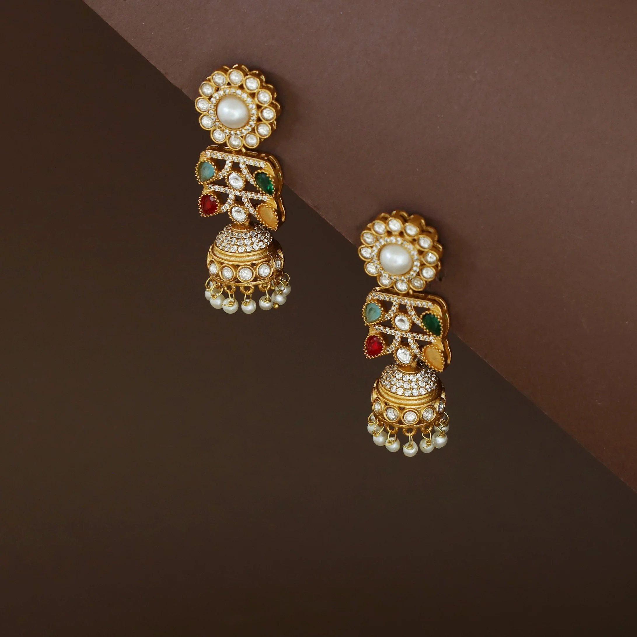 Rakhi Floral Pearl Kundan Jhumka - Image 9