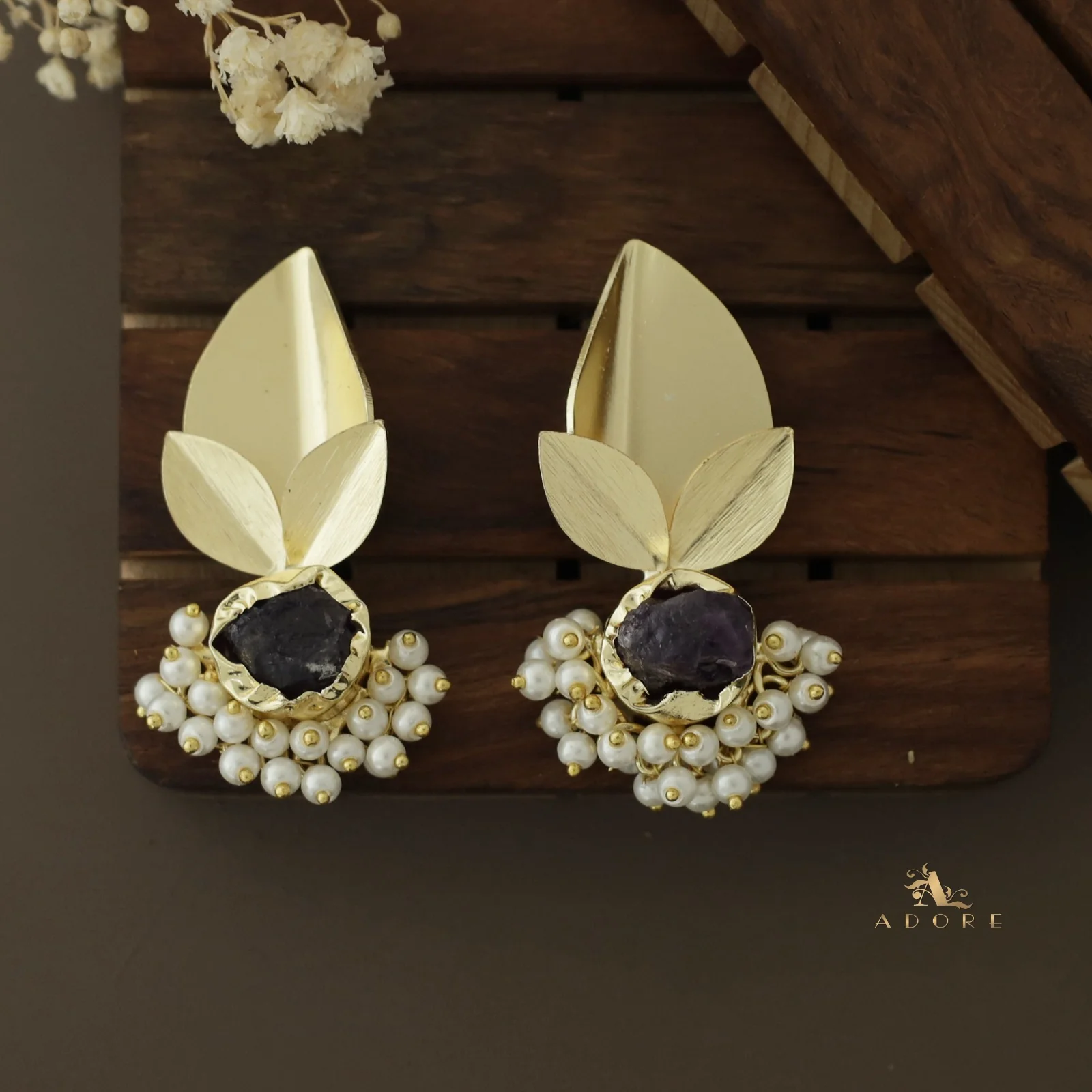 Raw Stone Bellonia 3 Fold Leafy Cluster Pearl Earring - Image 11