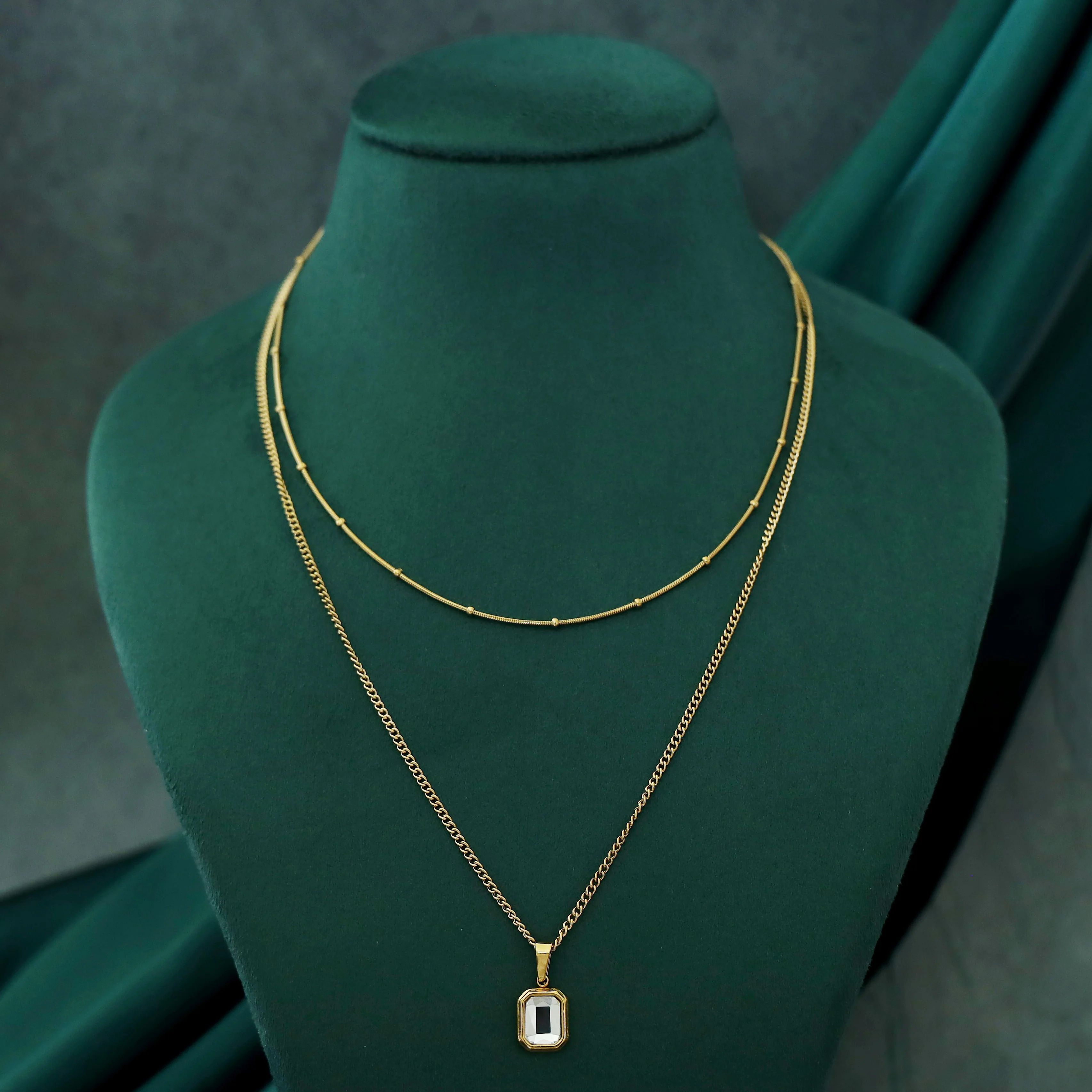 Rayana 2 Layer Rectangle Glossy Stone Neckpiece - Image 2