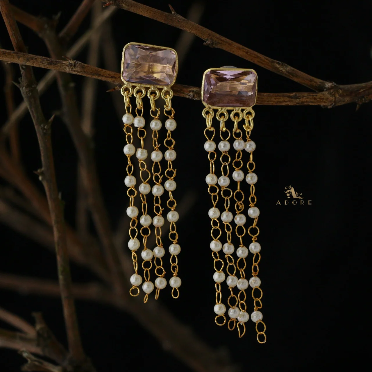 Rectangle Glossy Tassel Pearl Earring - Image 10