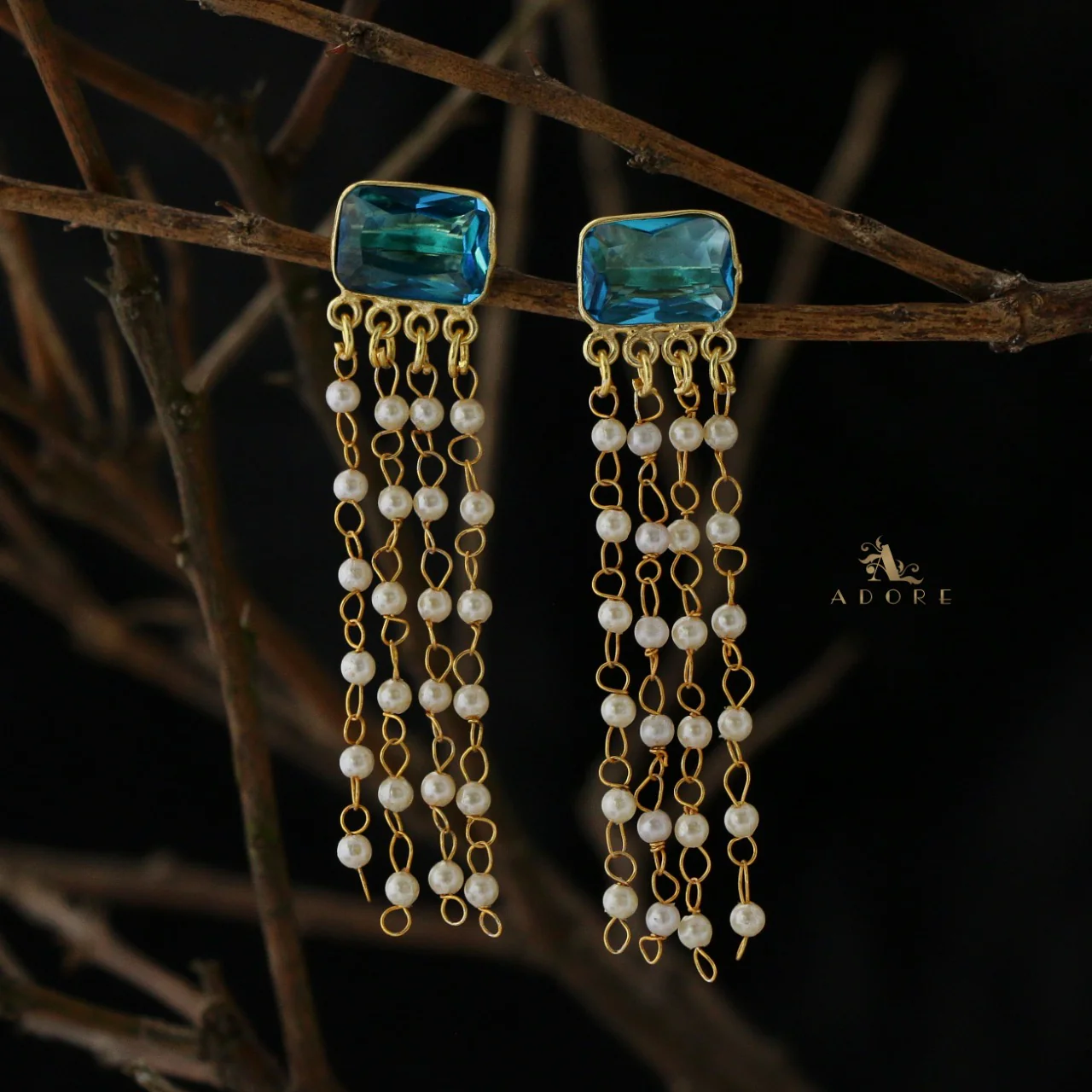 Rectangle Glossy Tassel Pearl Earring - Image 11
