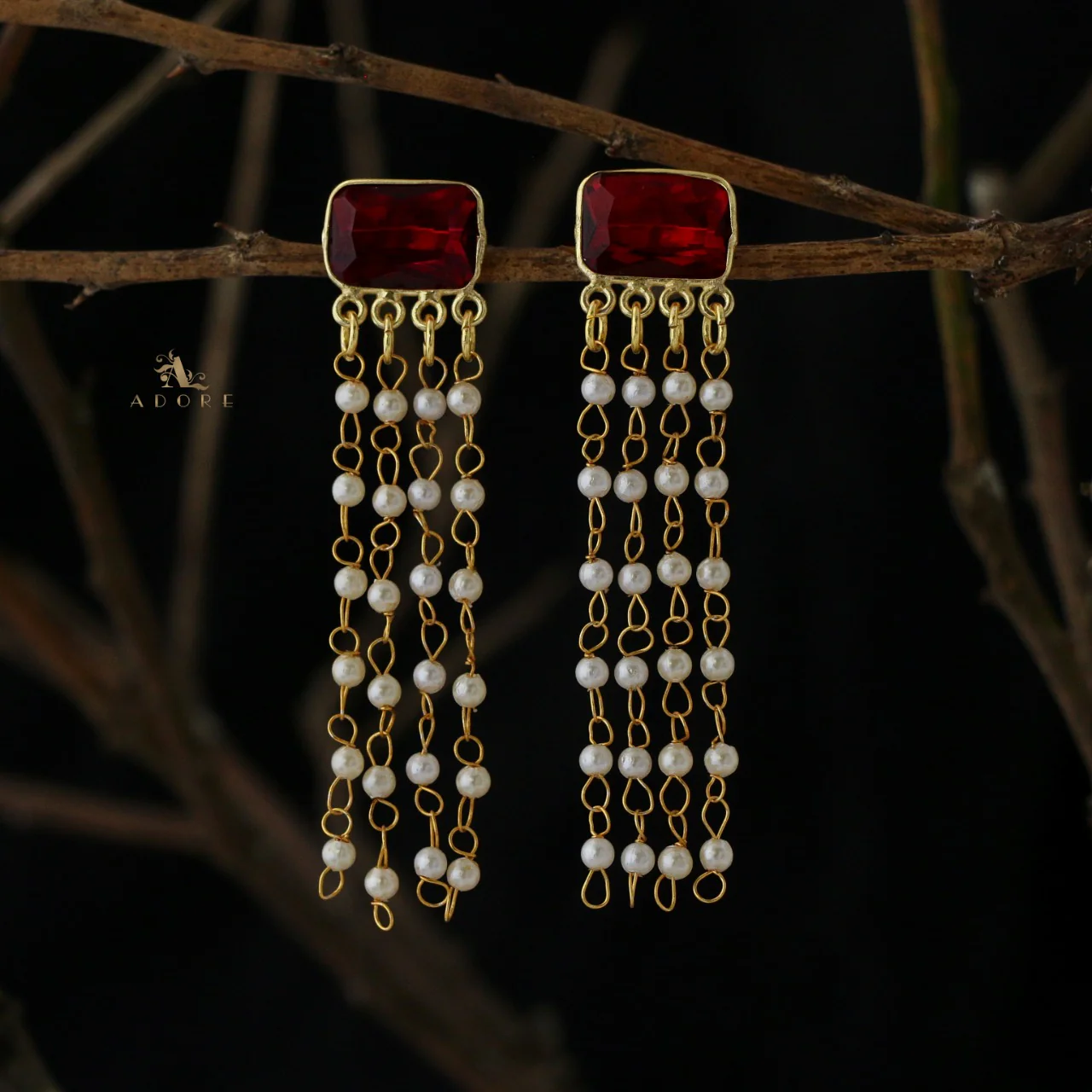 Rectangle Glossy Tassel Pearl Earring - Image 12