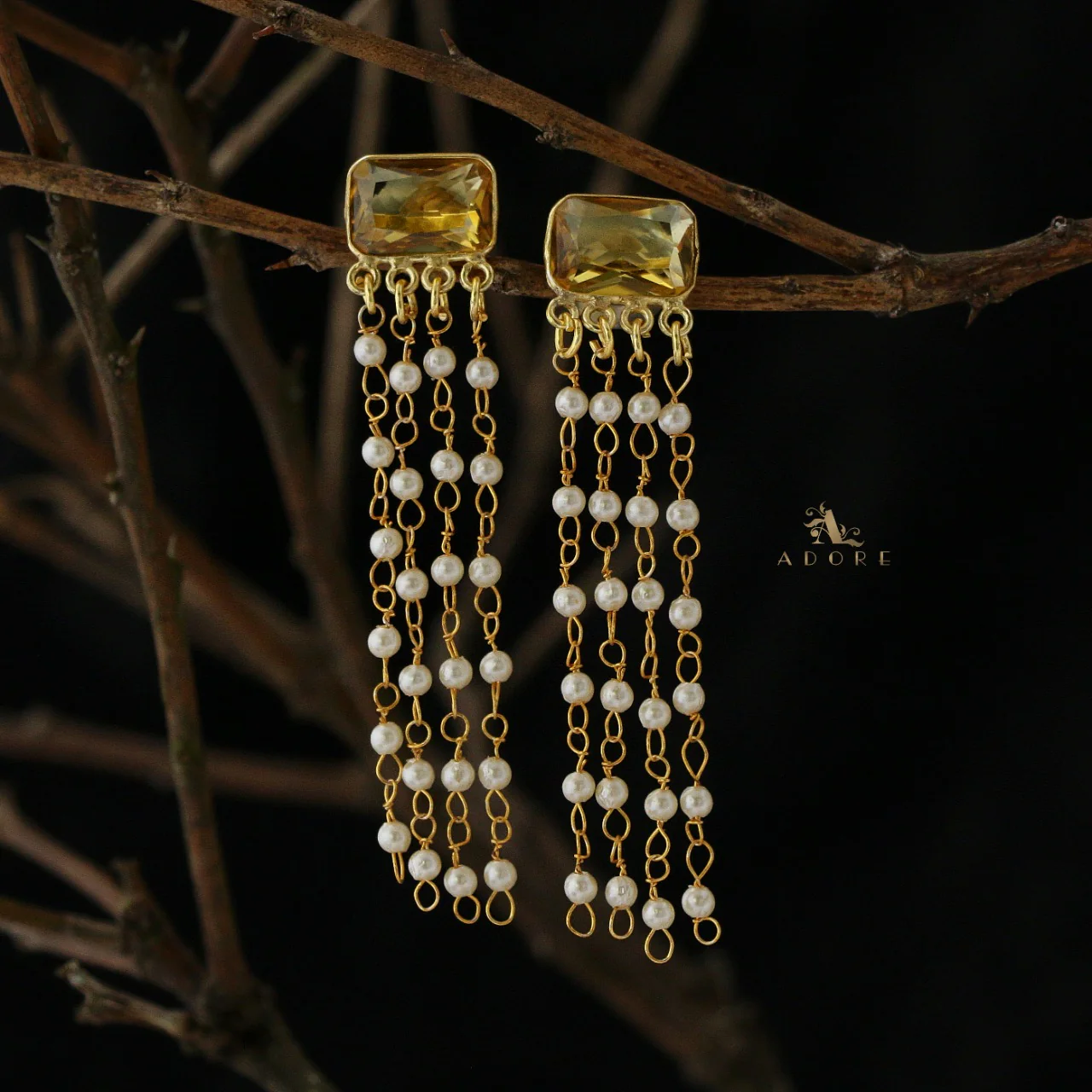 Rectangle Glossy Tassel Pearl Earring - Image 13