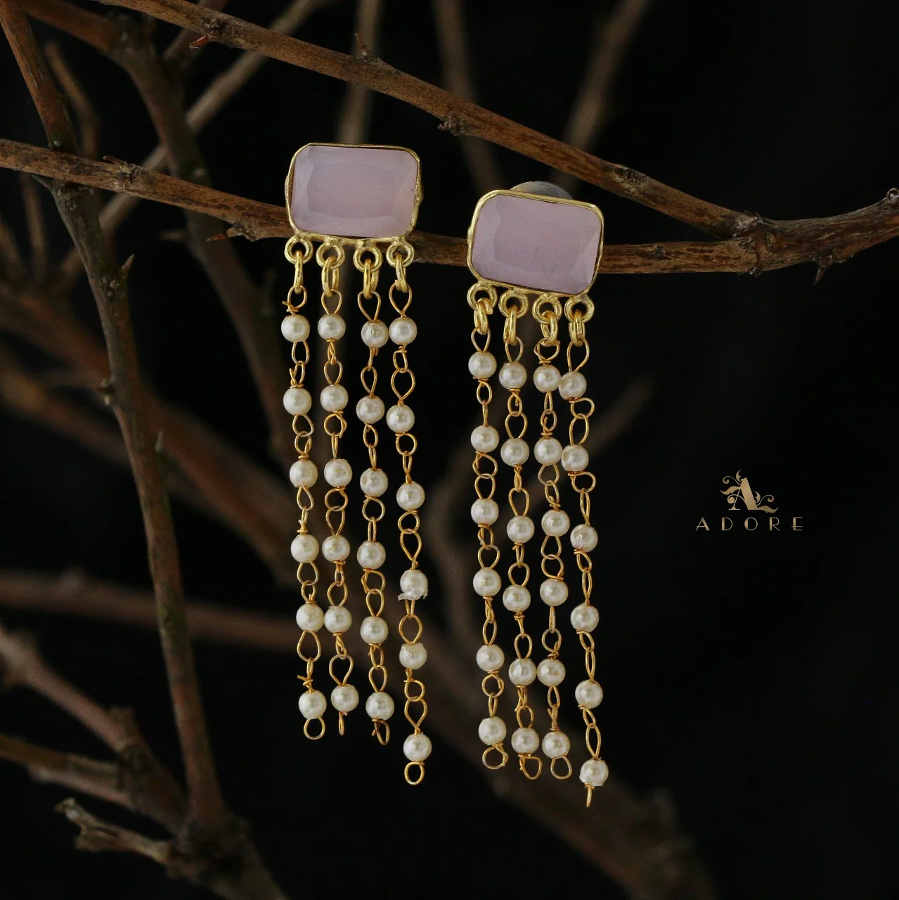 Rectangle Glossy Tassel Pearl Earring - Image 14