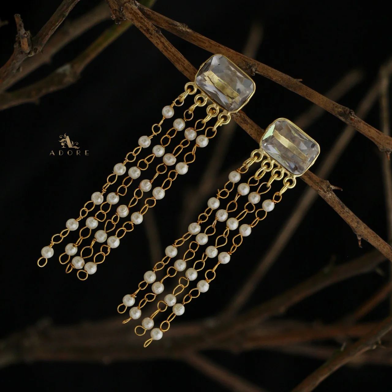 Rectangle Glossy Tassel Pearl Earring - Image 18