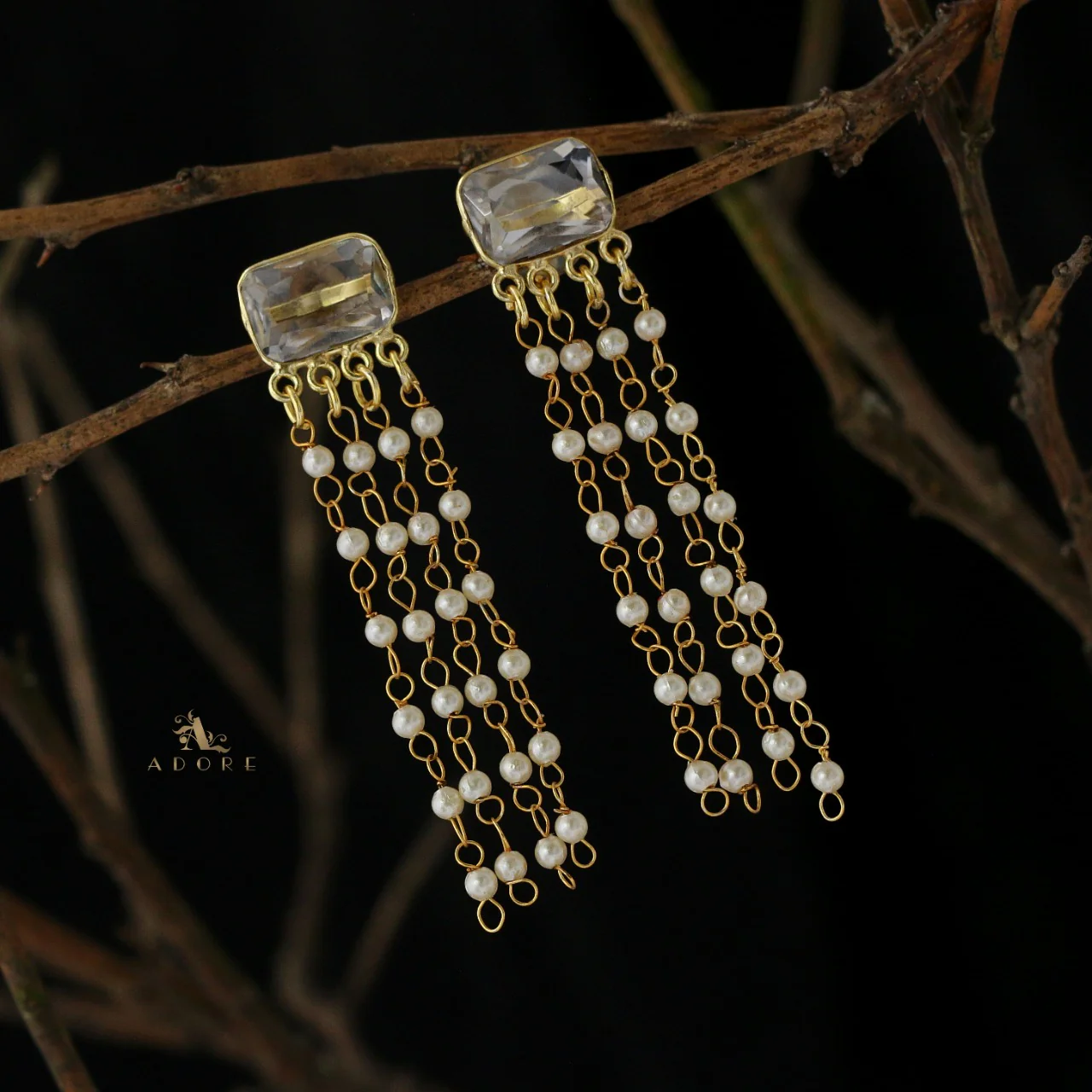 Rectangle Glossy Tassel Pearl Earring - Image 19