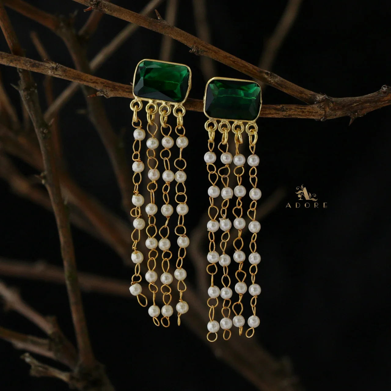 Rectangle Glossy Tassel Pearl Earring - Image 2