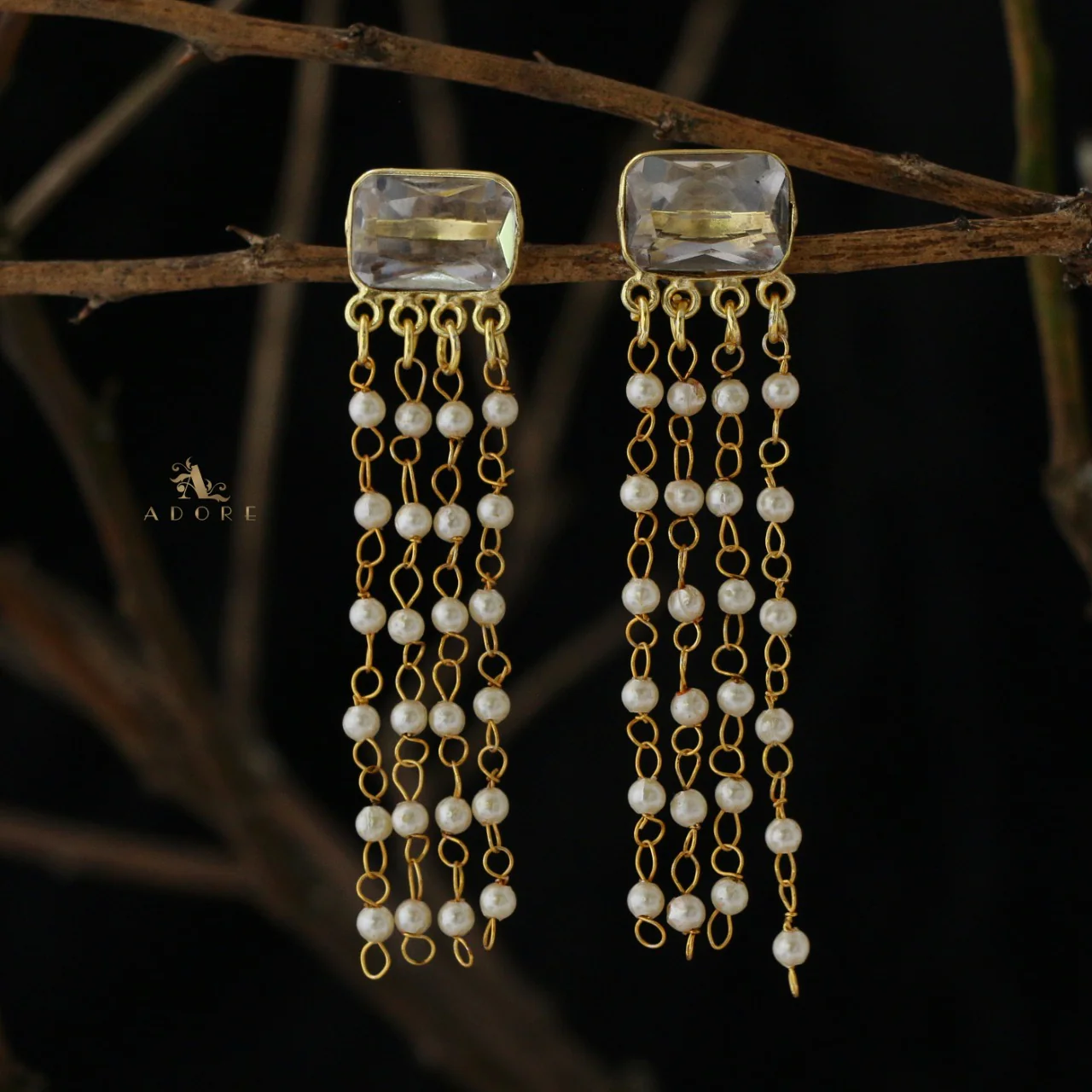 Rectangle Glossy Tassel Pearl Earring - Image 5