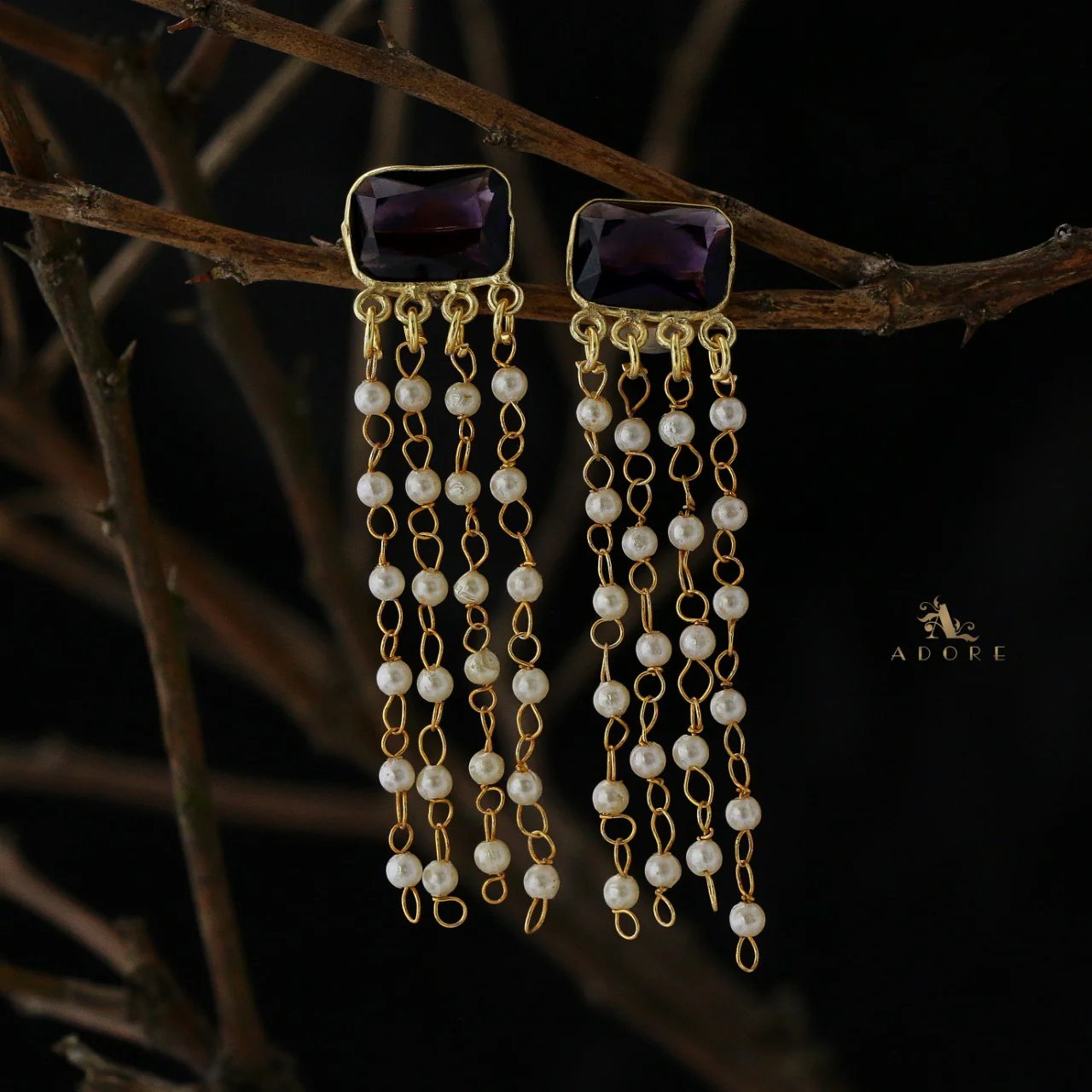 Rectangle Glossy Tassel Pearl Earring - Image 7