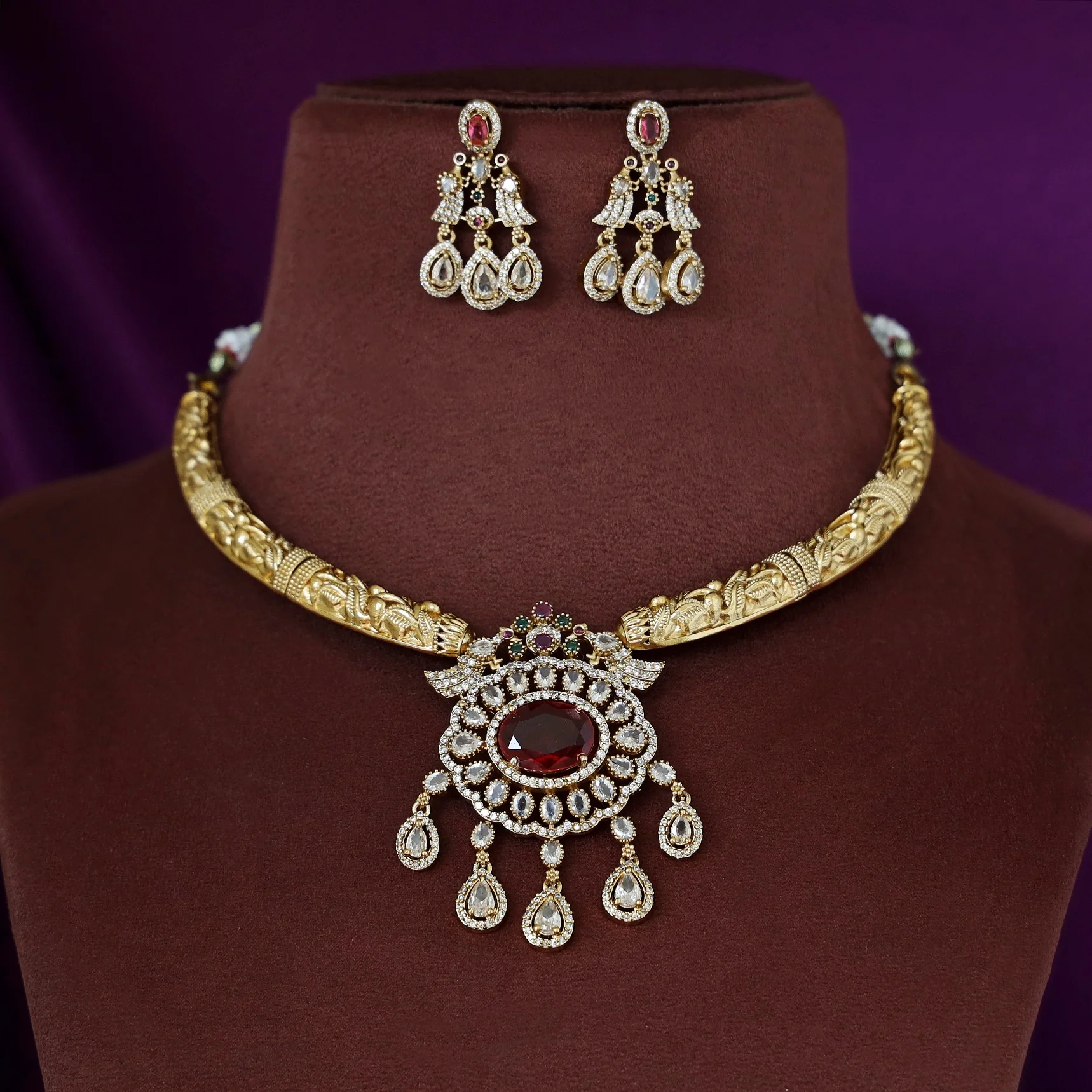 Riddhisha AD Stone Stiff Wing Neckpiece With Earring - Image 4