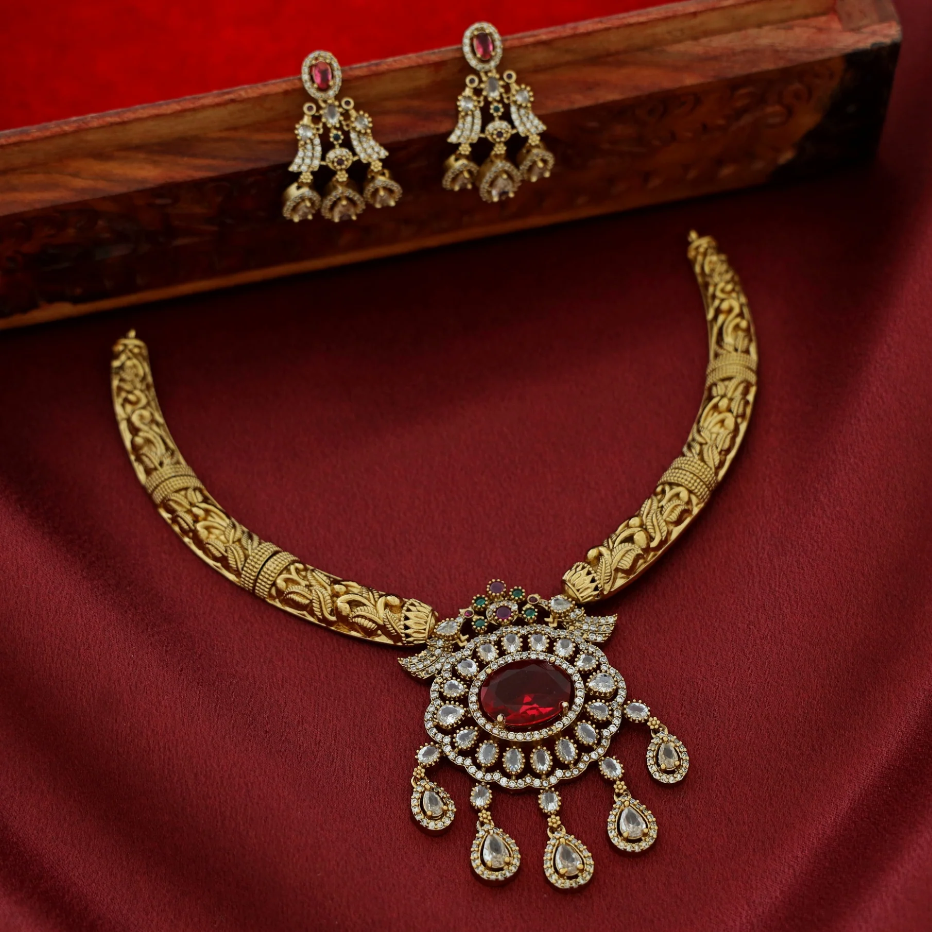 Riddhisha AD Stone Stiff Wing Neckpiece With Earring - Image 5